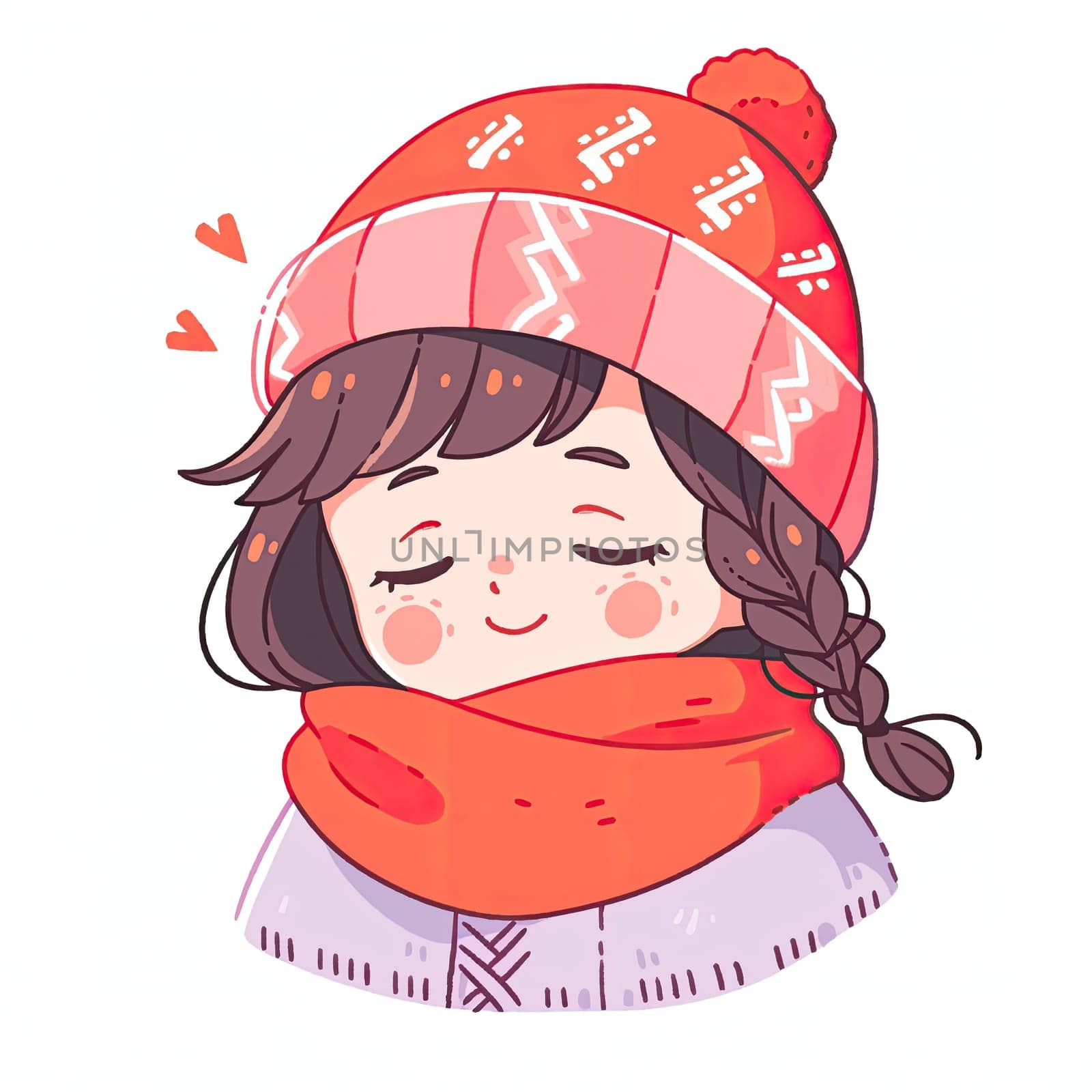 A cheerful girl in a colorful winter hat and a cozy scarf smiles softly, radiating warmth and joy while enjoying a snowy day in her adorable outfit.