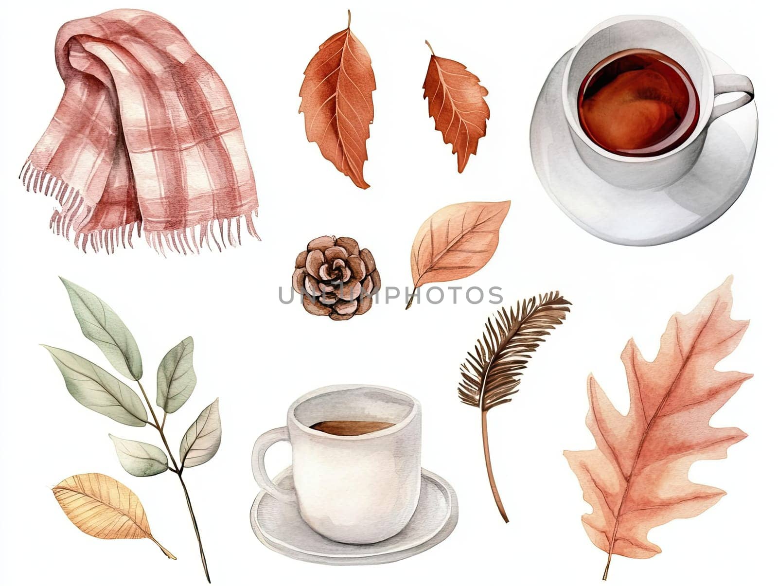 This artwork portrays a collection of autumn-themed elements, including colorful leaves, a warm scarf, and steaming cups, evoking feelings of coziness and seasonal change.