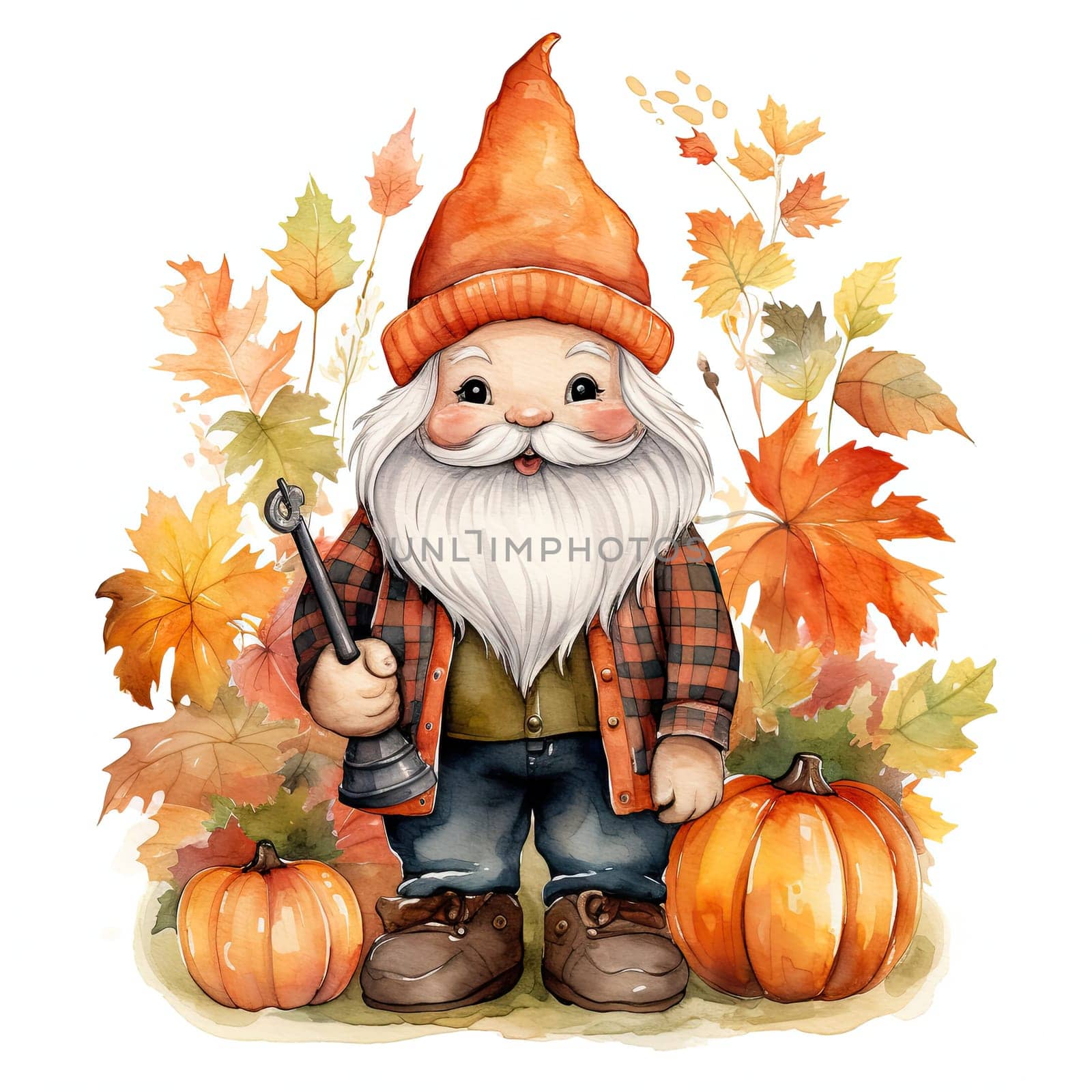 A cheerful gnome with a long white beard wears an orange hat and plaid shirt. Surrounded by colorful autumn leaves and pumpkins, it captures the essence of fall.