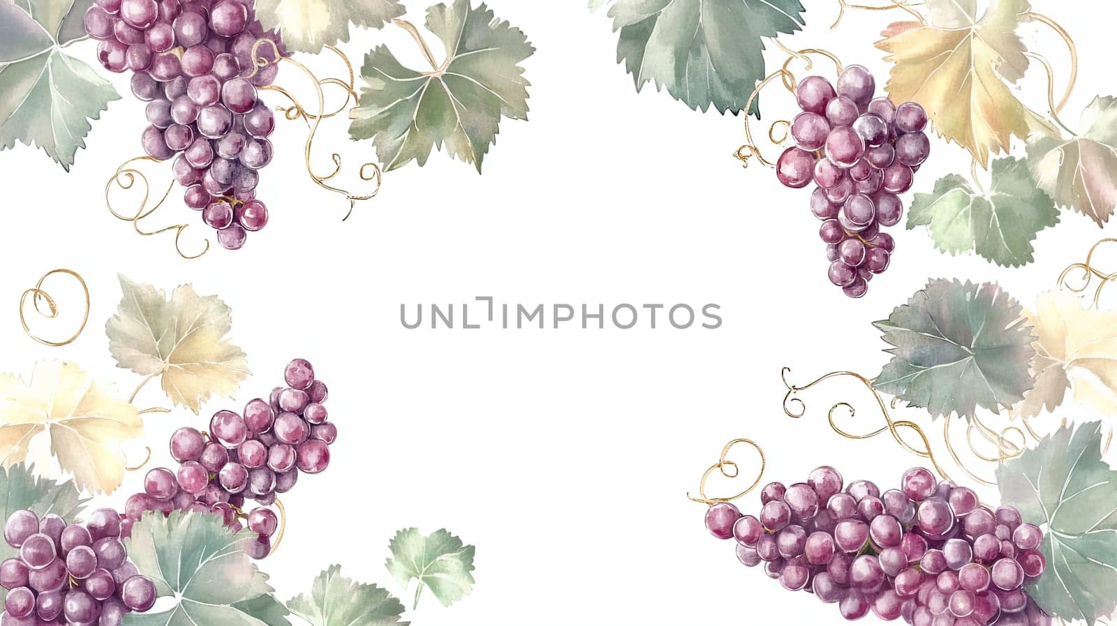 Clusters of curlicue grapes are beautifully arranged with fresh, green leaves, creating a vibrant display ideal for culinary settings or artistic projects.