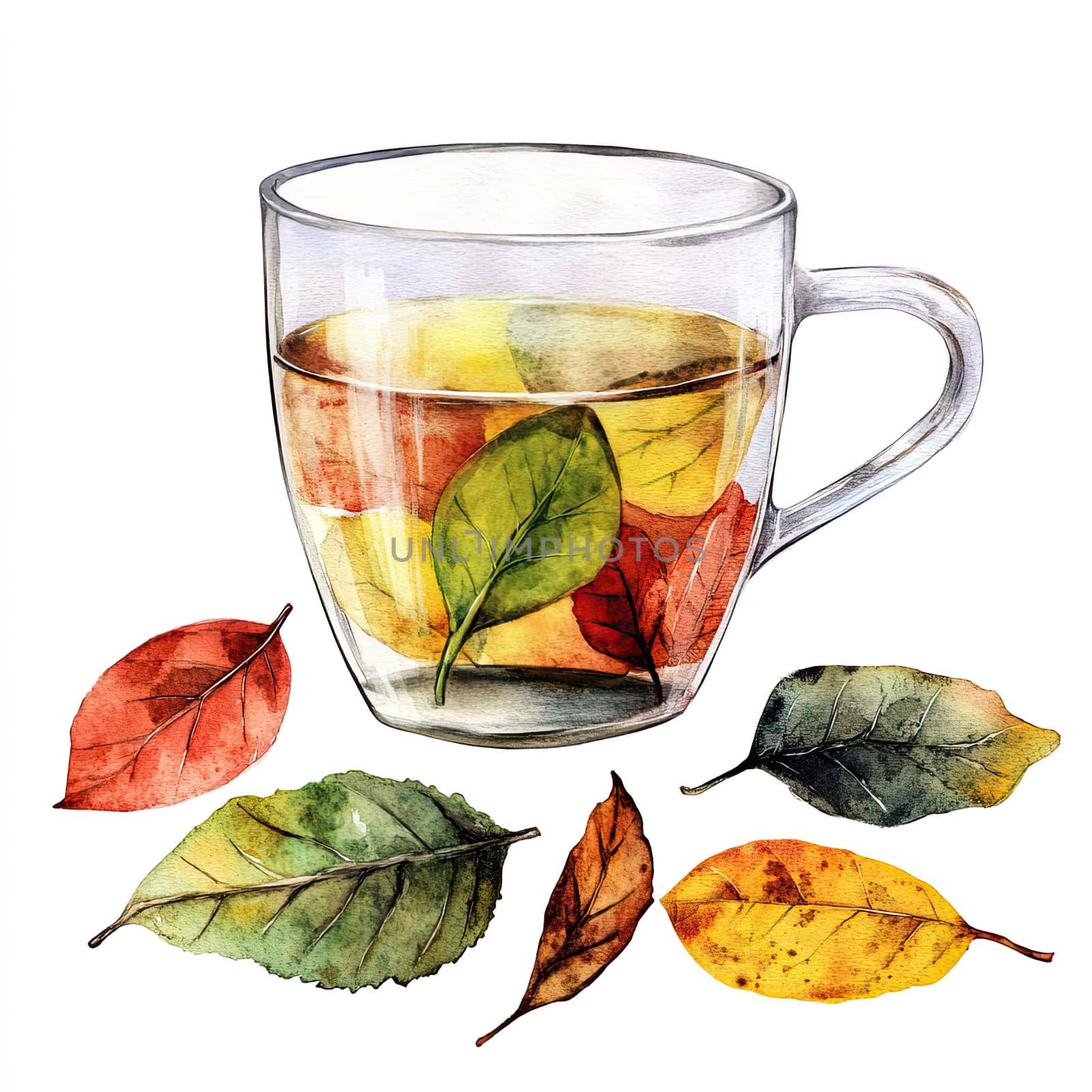 A clear glass cup filled with herbal tea sits surrounded by vibrant autumn leaves. This setting captures the essence of a warm, inviting afternoon, perfect for relaxation.