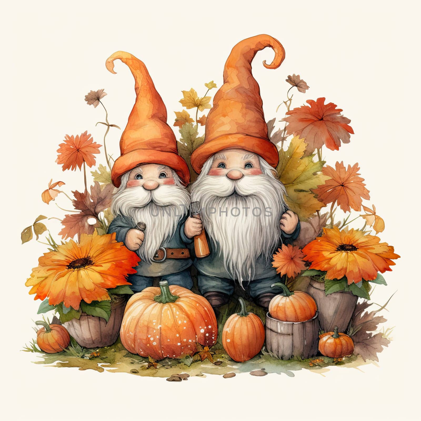 Two friendly gnomes, wearing tall orange hats, stand among vibrant pumpkins and blooming flowers, celebrating the joys of autumn in a colorful garden.