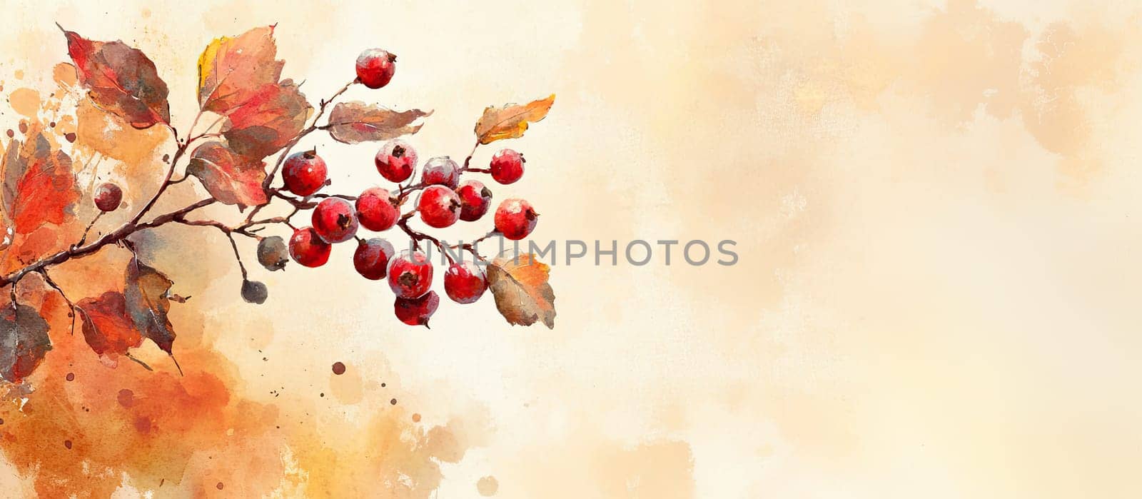 A branch adorned with vibrant red berries and rust-colored leaves rests against a soft, muted background, capturing the essence of autumn's beauty and seasonal change.
