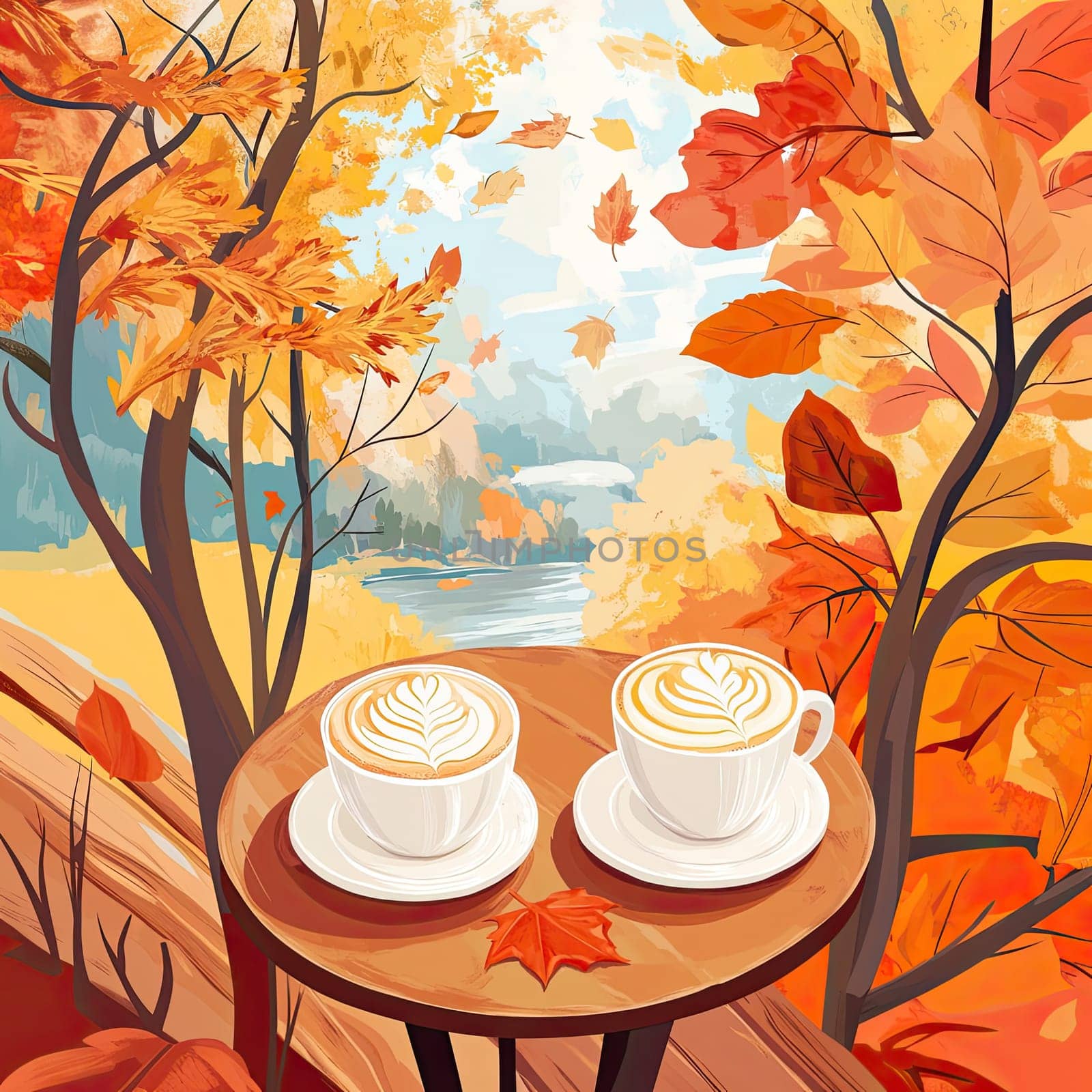 Two steaming cups of coffee sit on a wooden table, framed by brilliant autumn leaves. In the background, a tranquil lake reflects the colorful foliage.