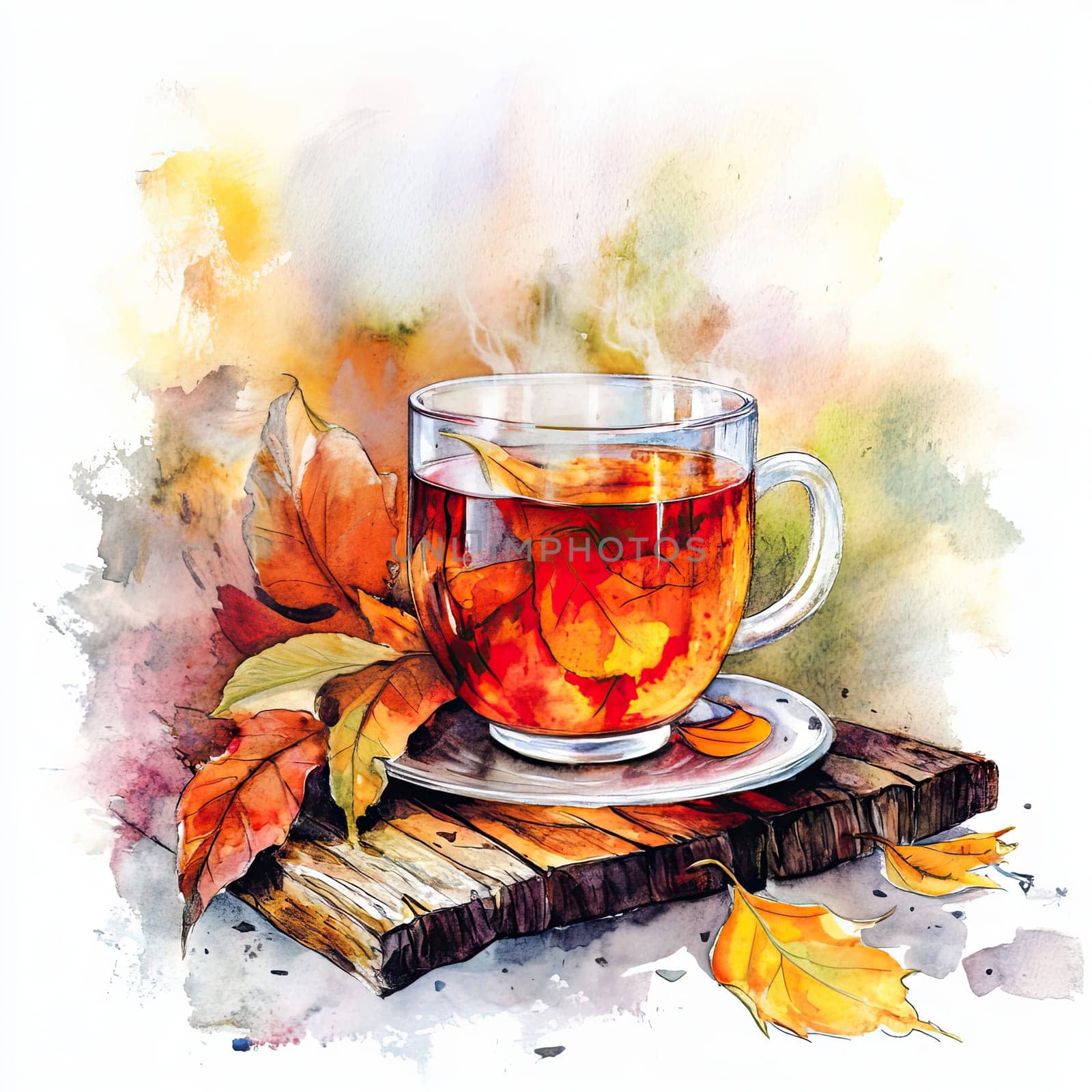 Enjoy a warm cup of tea infused with the essence of autumn, complete with vibrant leaves and a rustic wooden base. The steam rises, inviting you to savor the moment.