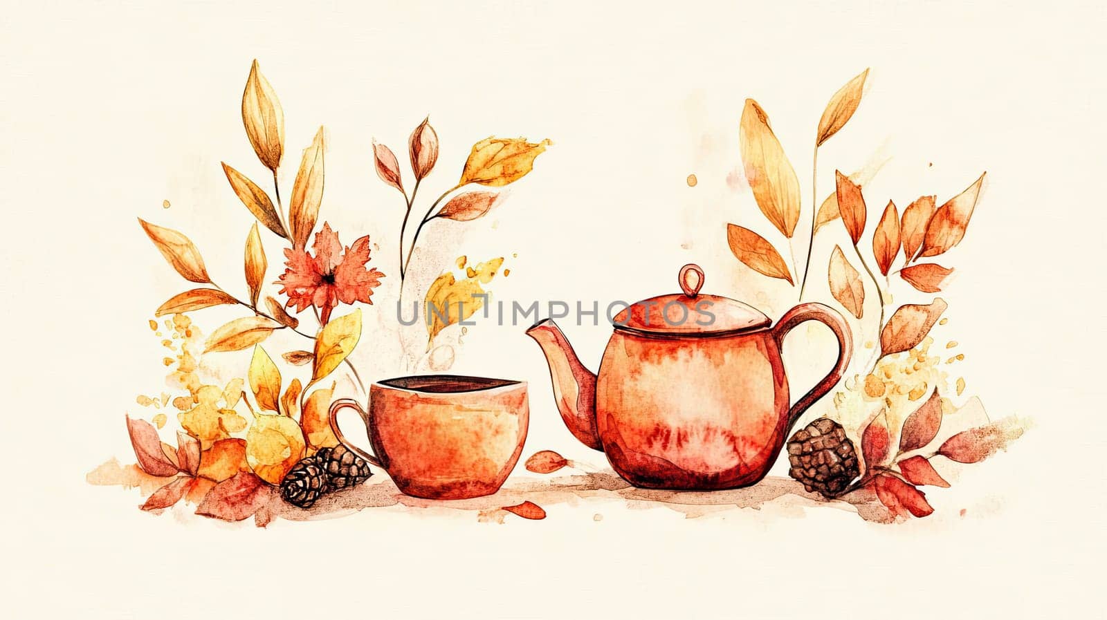 Warm hues of orange and yellow evoke a cozy atmosphere as a crafted cup of tea sits next to a decorative teapot amid autumn leaves, creating a peaceful fall moment.