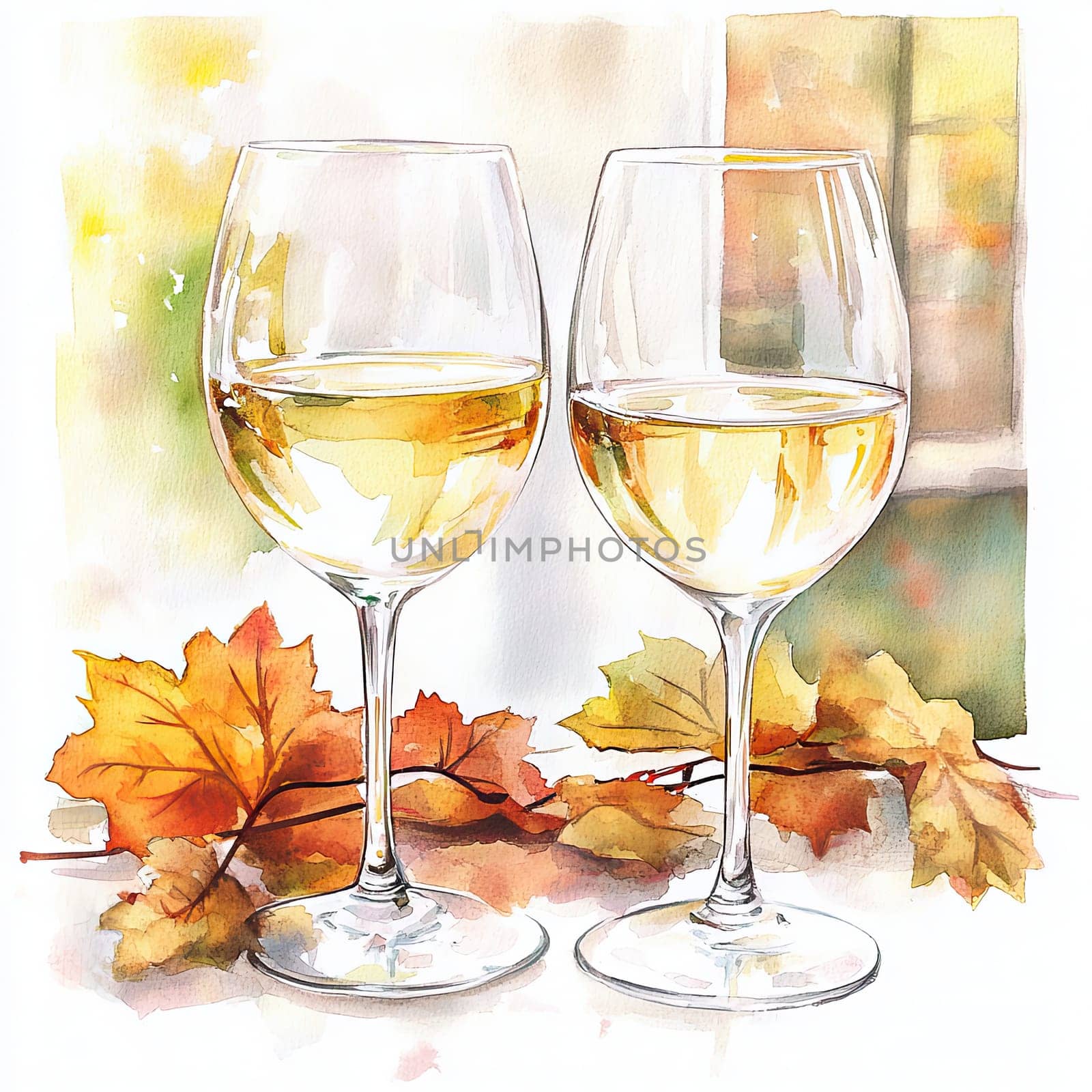 Glasses filled with white wine stand on a table, accompanied by vibrant autumn leaves, creating a warm and inviting atmosphere in a wine shop.