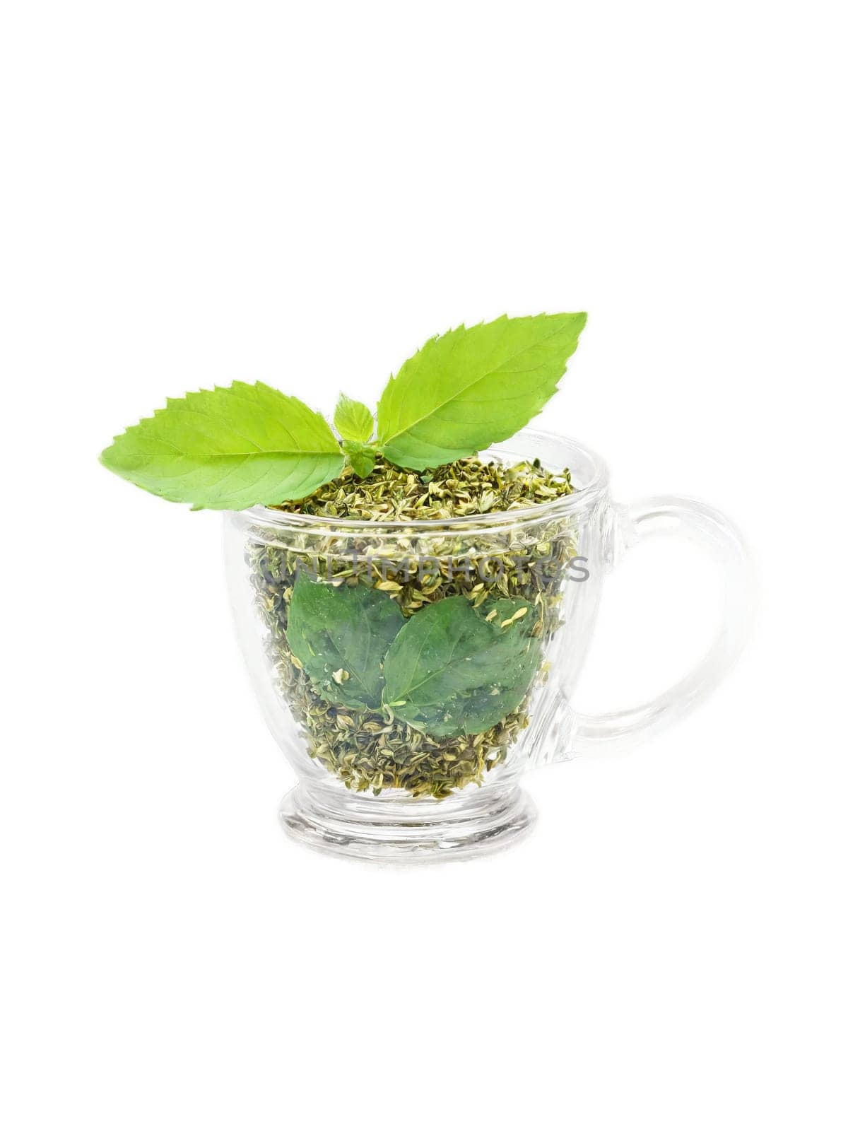 Tulsi holy basil tea glass mug green leaves purple flowers sacred healing herb. Drink isolated on transparent background.