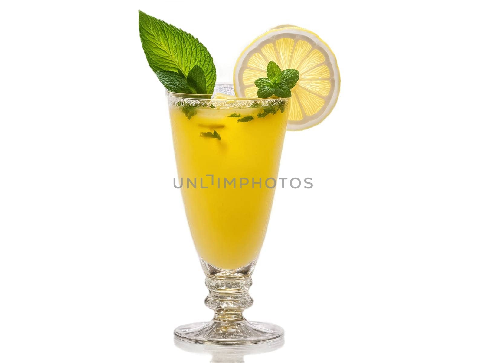 Senegalese Bouye in tall glass garnished with slice of lemon and sprig of mint. Drink isolated on transparent background.