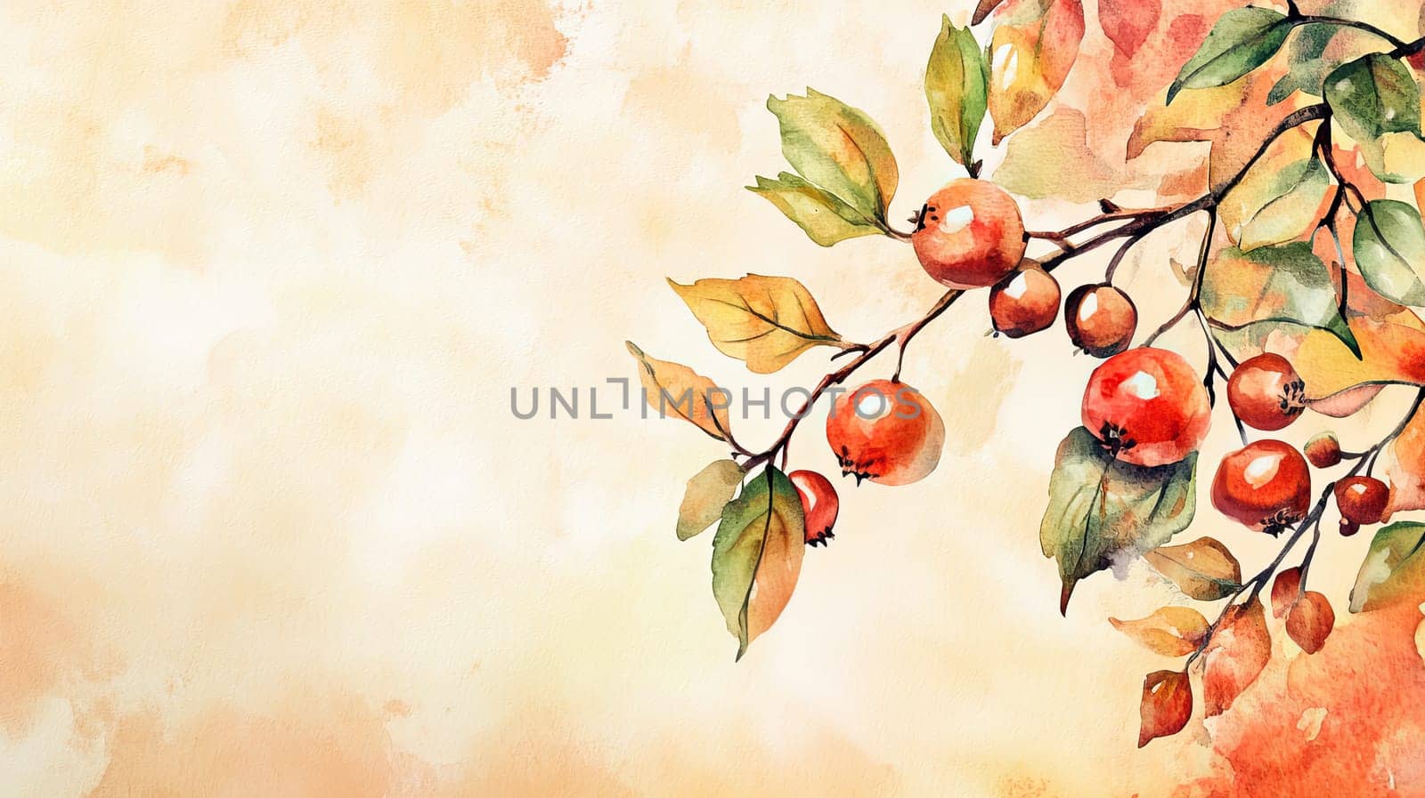 A branch adorned with vibrant red fruits and golden leaves stretches across a warm, softly blended background, celebrating the essence of autumn and nature's bounty.