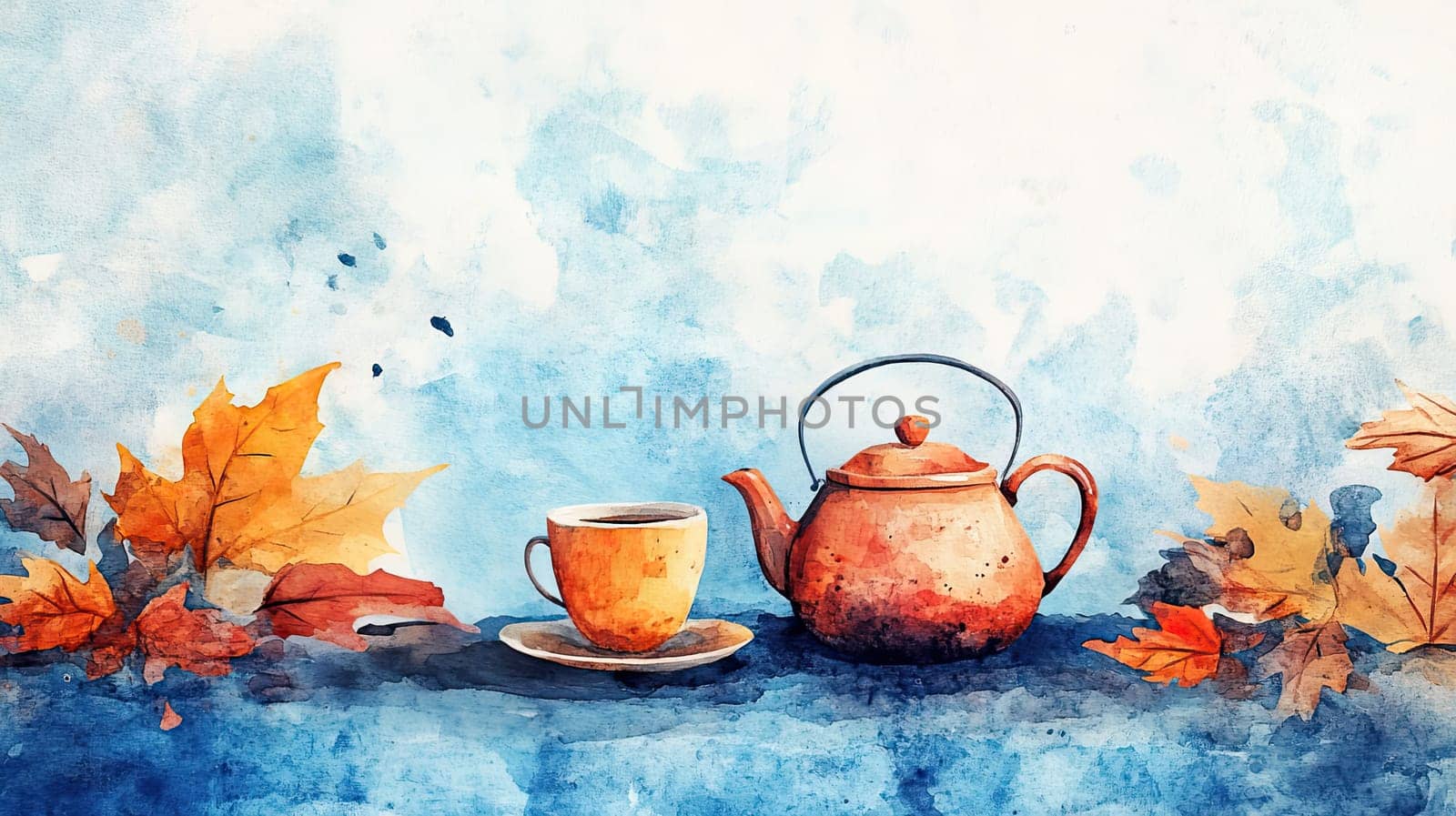A cozy cup of tea sits beside a teapot, beautifully highlighted against a backdrop of soft blue and adorned with vibrant autumn leaves.