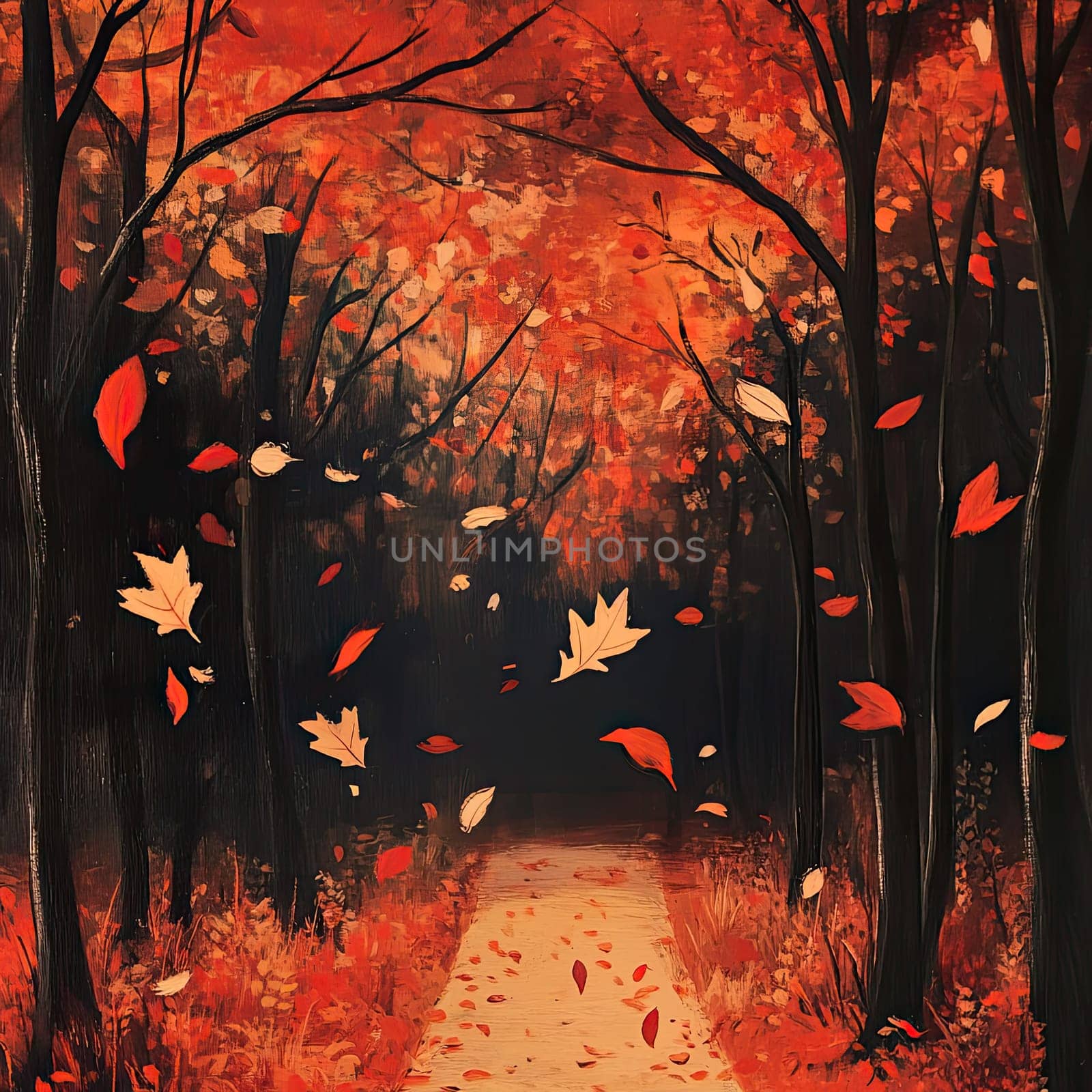 A serene pathway through a forest is adorned with trees full of colorful leaves, as autumnal breezes gently scatter the fiery foliage around, creating a picturesque scene.