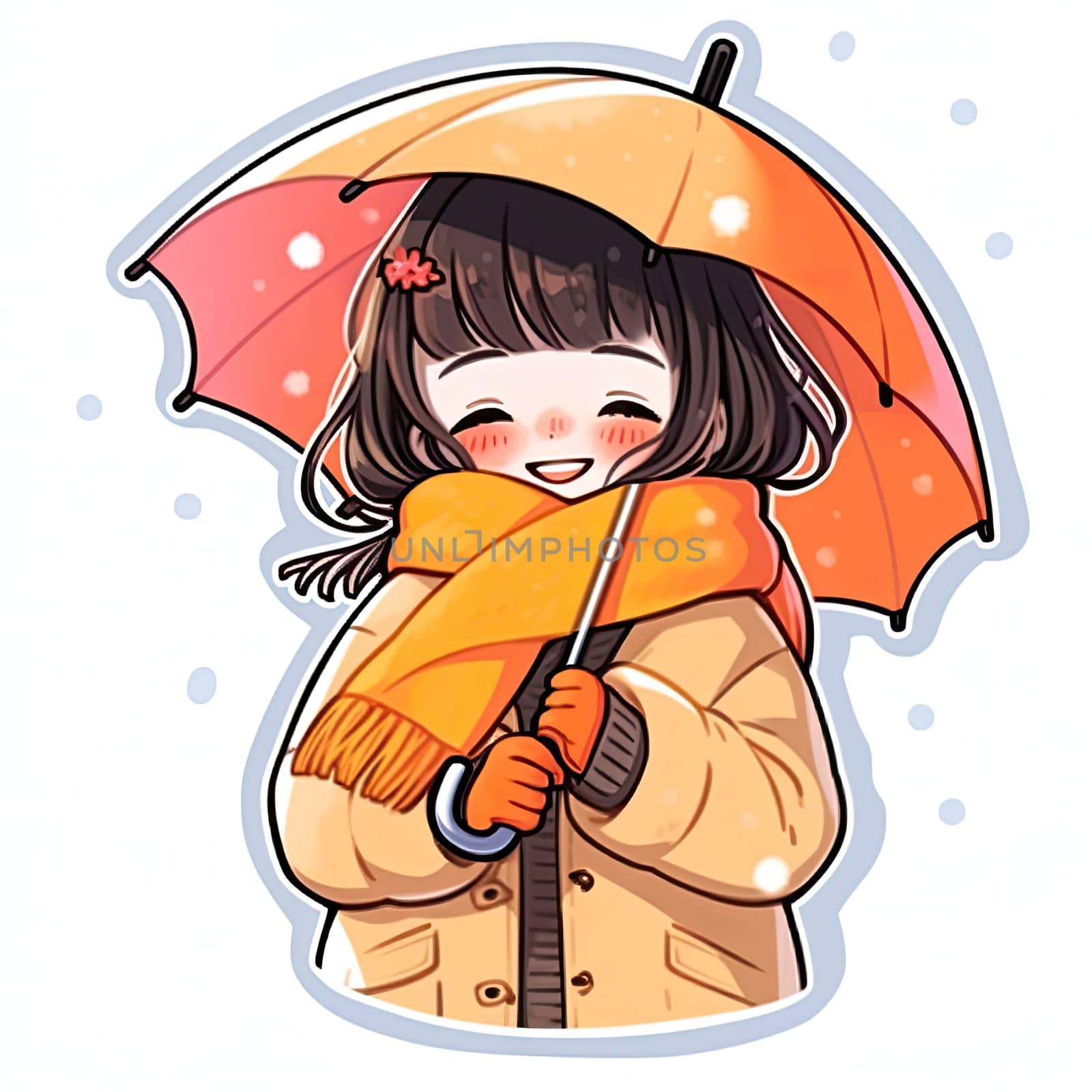 A cheerful girl sporting an orange coat and brown boots happily strolls under a bright umbrella, exuding joy on a rainy day in a playful cartoon style.