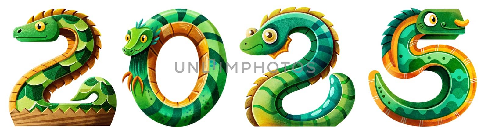 The image features creatively designed numbers for 2025, incorporating snake motifs with bright colors and whimsical faces, ideal for celebrations or themed events.