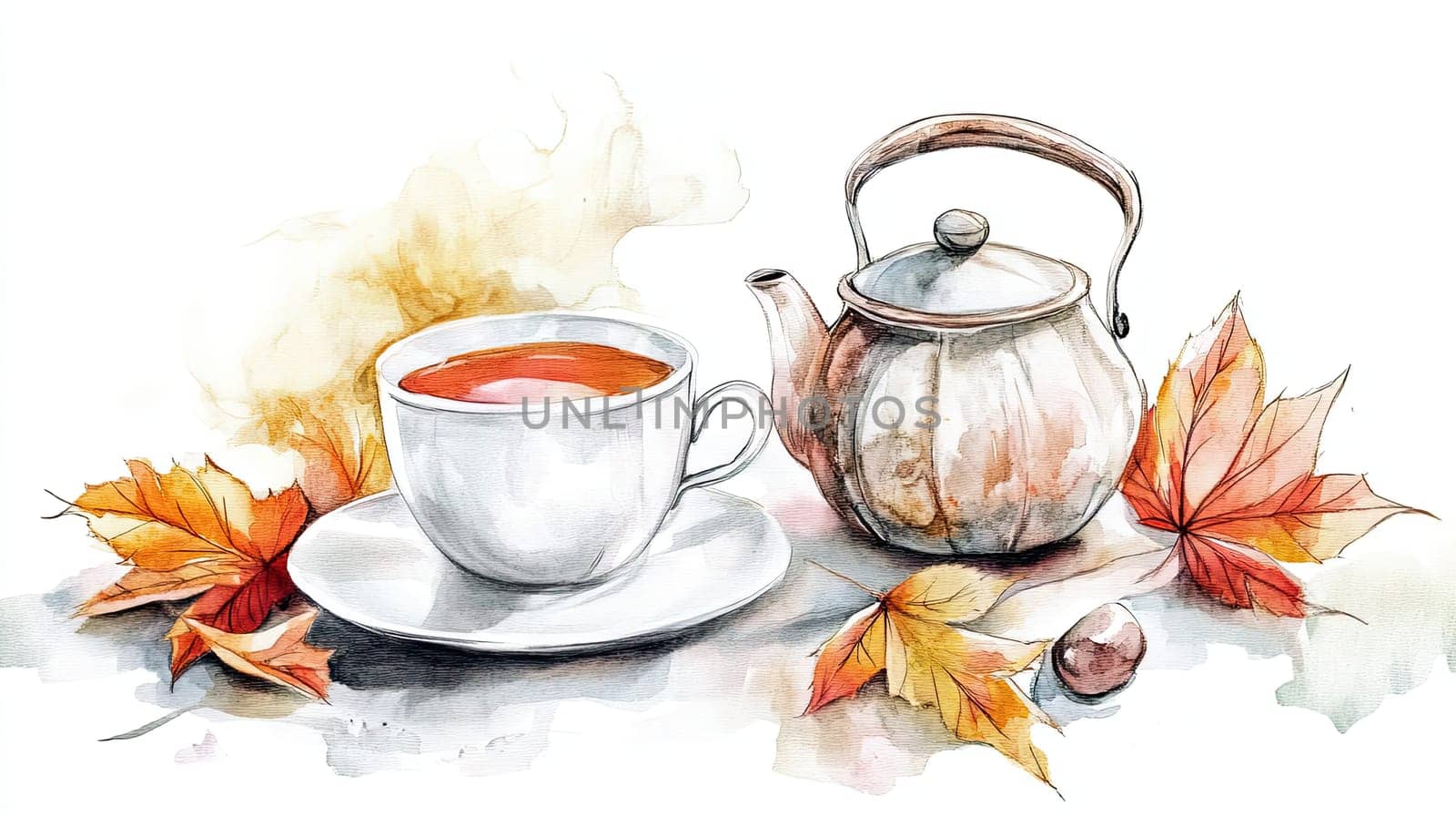 A steaming cup of tea is nestled among vibrant autumn leaves and a small pumpkin, creating a warm and inviting autumn atmosphere perfect for relaxation.