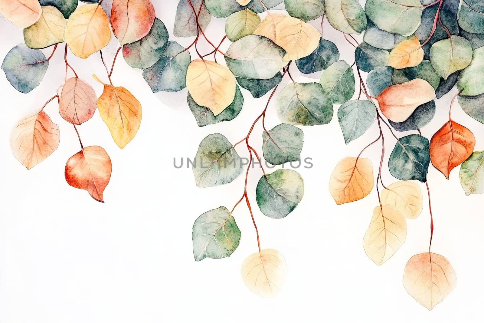 A beautiful watercolor artwork featuring eucalyptus leaves in varied hues of green, yellow, and red, complemented by vibrant red berries, elegantly arranged against a white background.