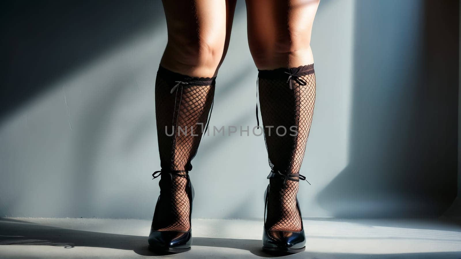 Plus size lingerie model fishnet stockings powerful stance body confidence dramatic lighting editorial fashion.
