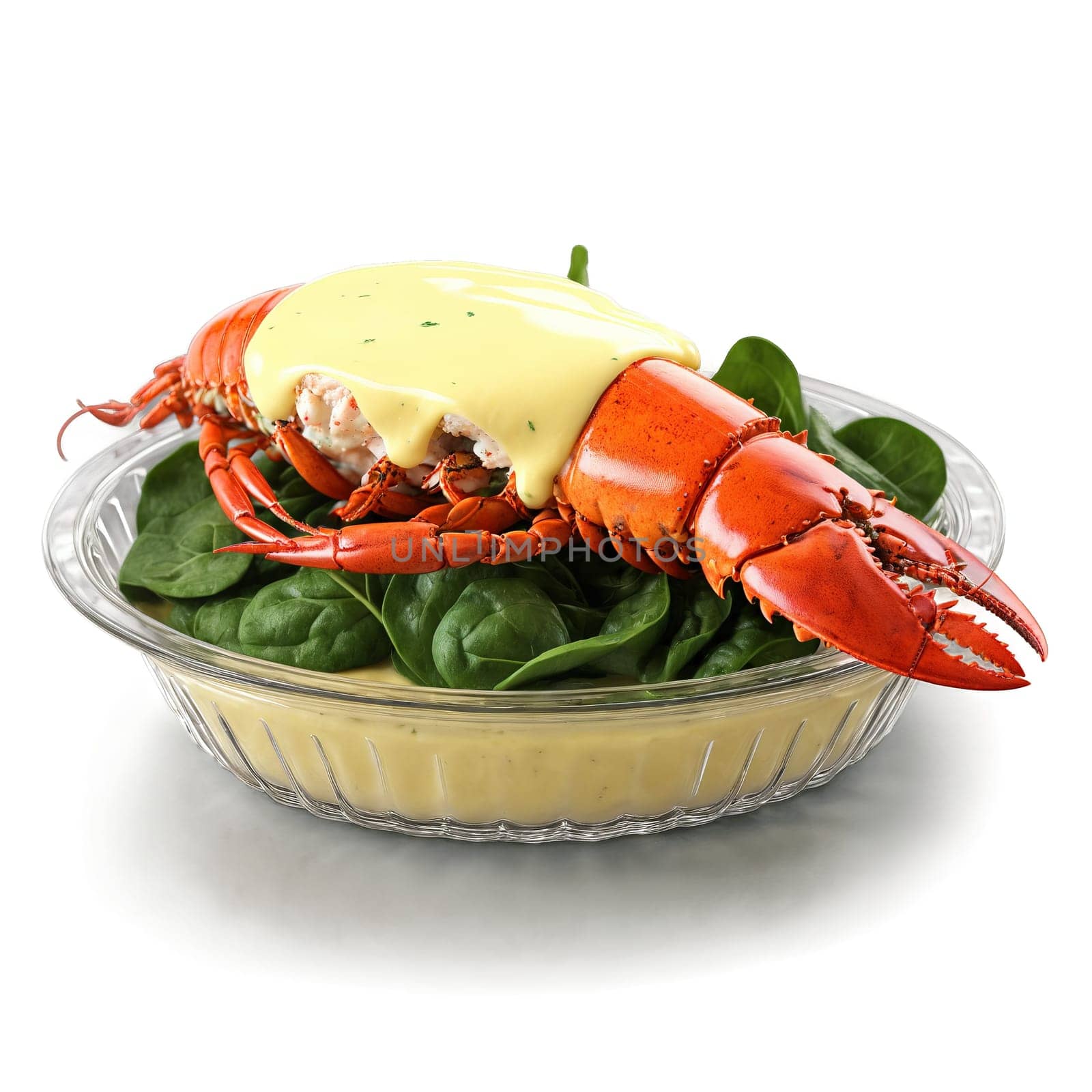 Lobster Rockefeller broiled tail meat spinach and hollandaise in shell in glass dish isolated on. Food isolated on transparent background.
