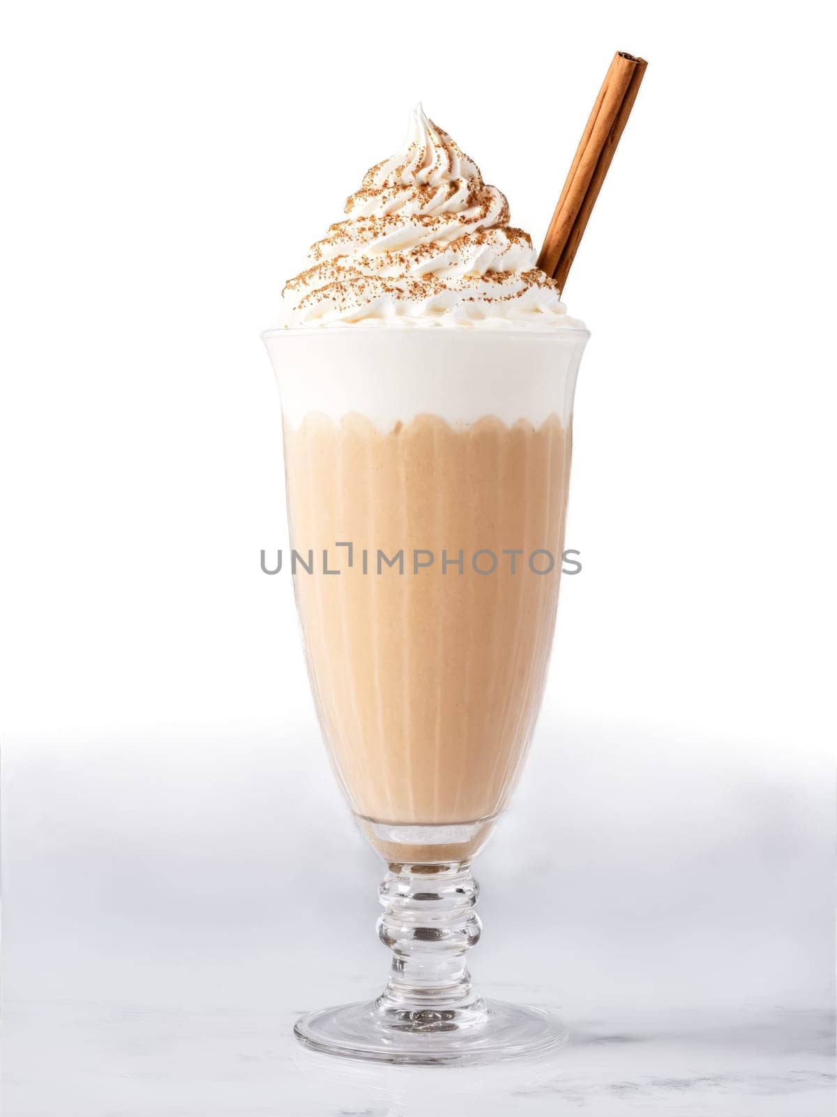 Chai milkshake spiced rim glass whipped cream chai tea powder cinnamon stick. Drink isolated on transparent background.