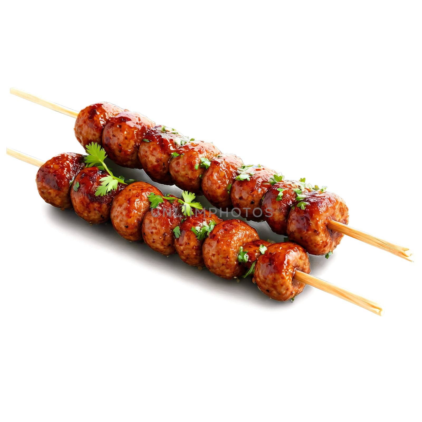Merguez sausage grilled and presented on a wooden skewer with a small bowl of harissa. Food isolated on transparent background