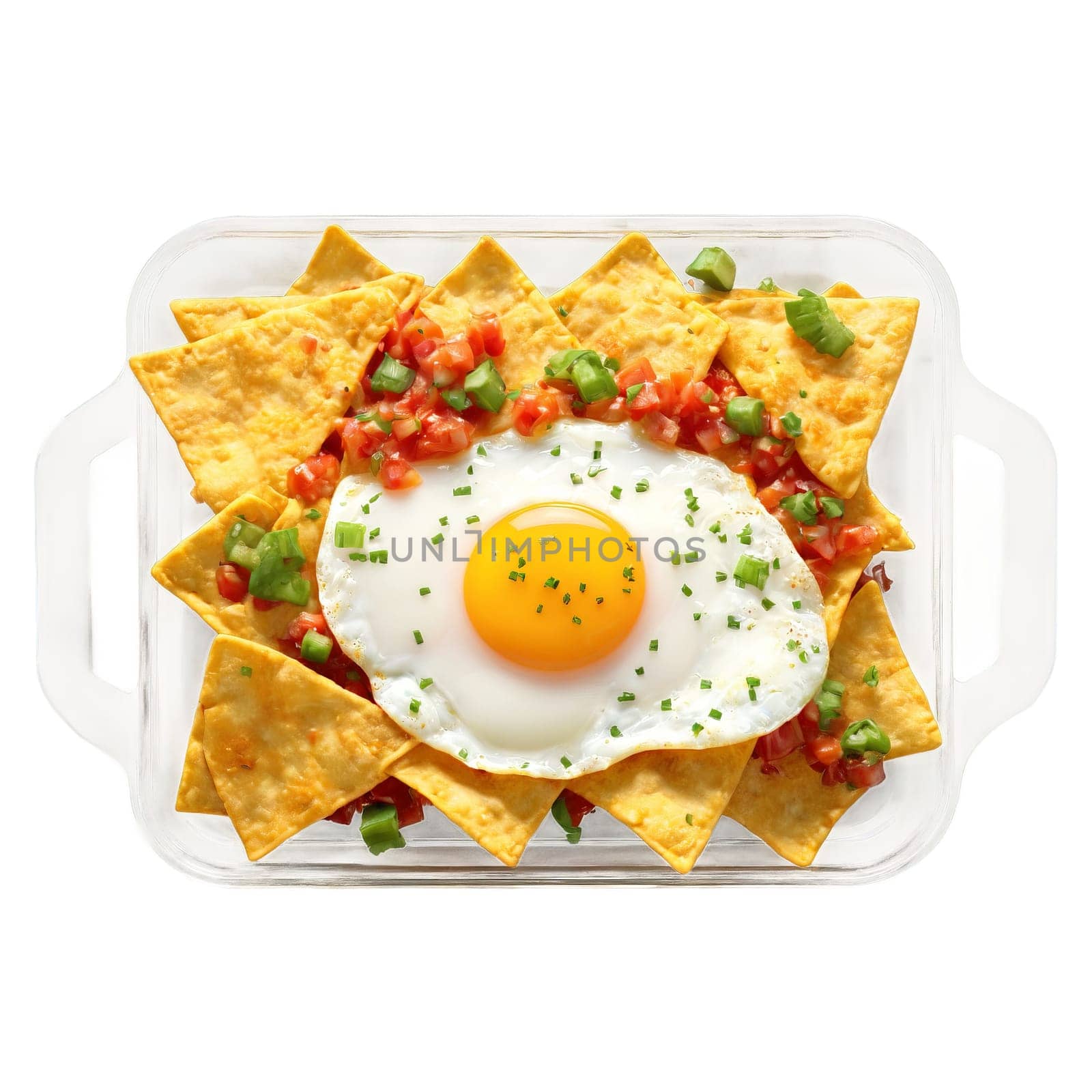 Breakfast nachos piled high in glass tray fried egg and salsa tumbling Food and Culinary. Food isolated on transparent background.