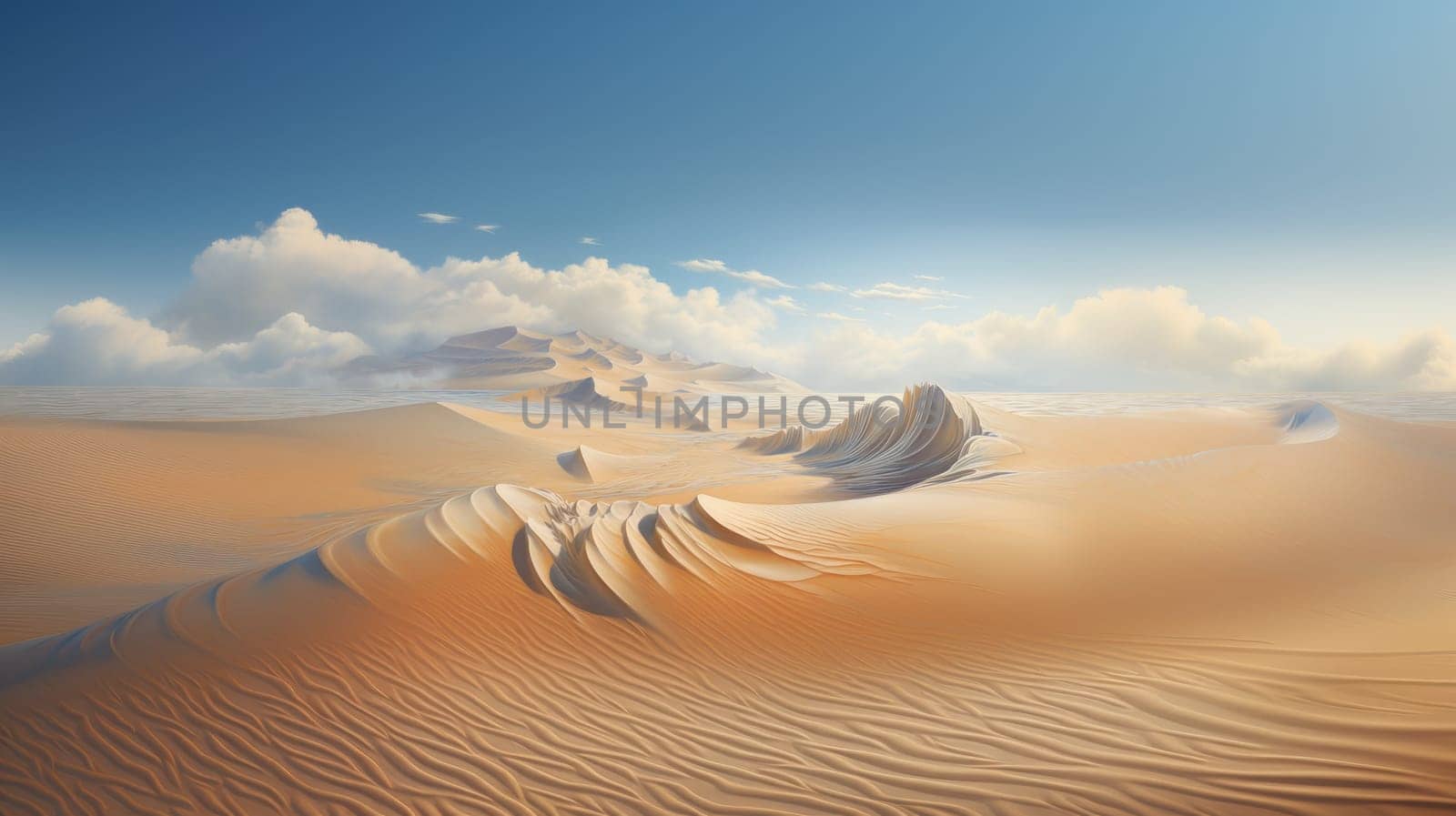 Peaceful desert scene with smooth, flowing dunes and a clear, bright sky. Expansive desert landscape with golden sand dunes and a serene atmosphere.