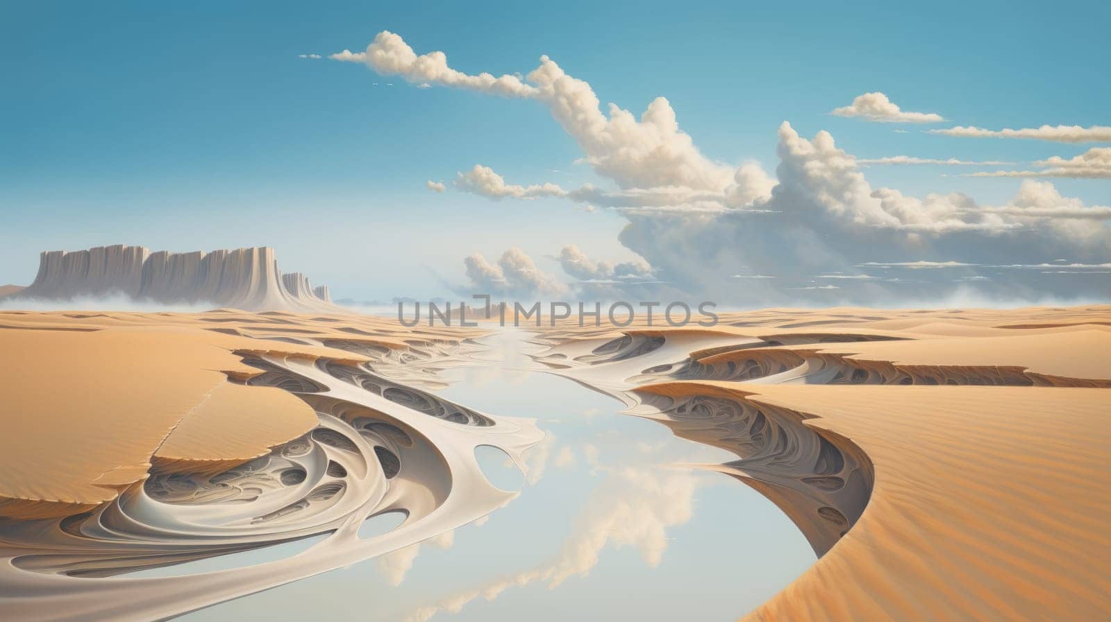 Peaceful desert scene with smooth, flowing dunes and a clear, bright sky. Expansive desert landscape with golden sand dunes and a serene atmosphere.