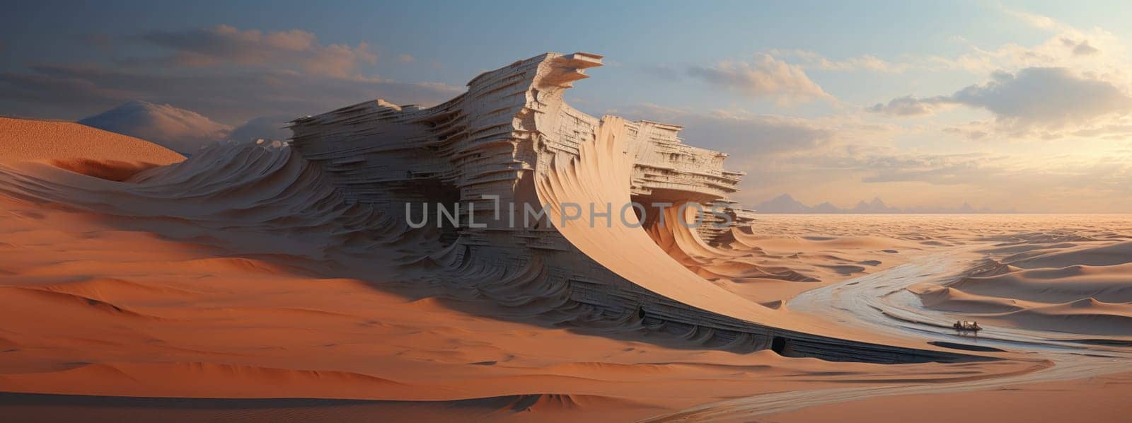 Peaceful desert scene with smooth, flowing dunes and a clear, bright sky. Expansive desert landscape with golden sand dunes and a serene atmosphere.