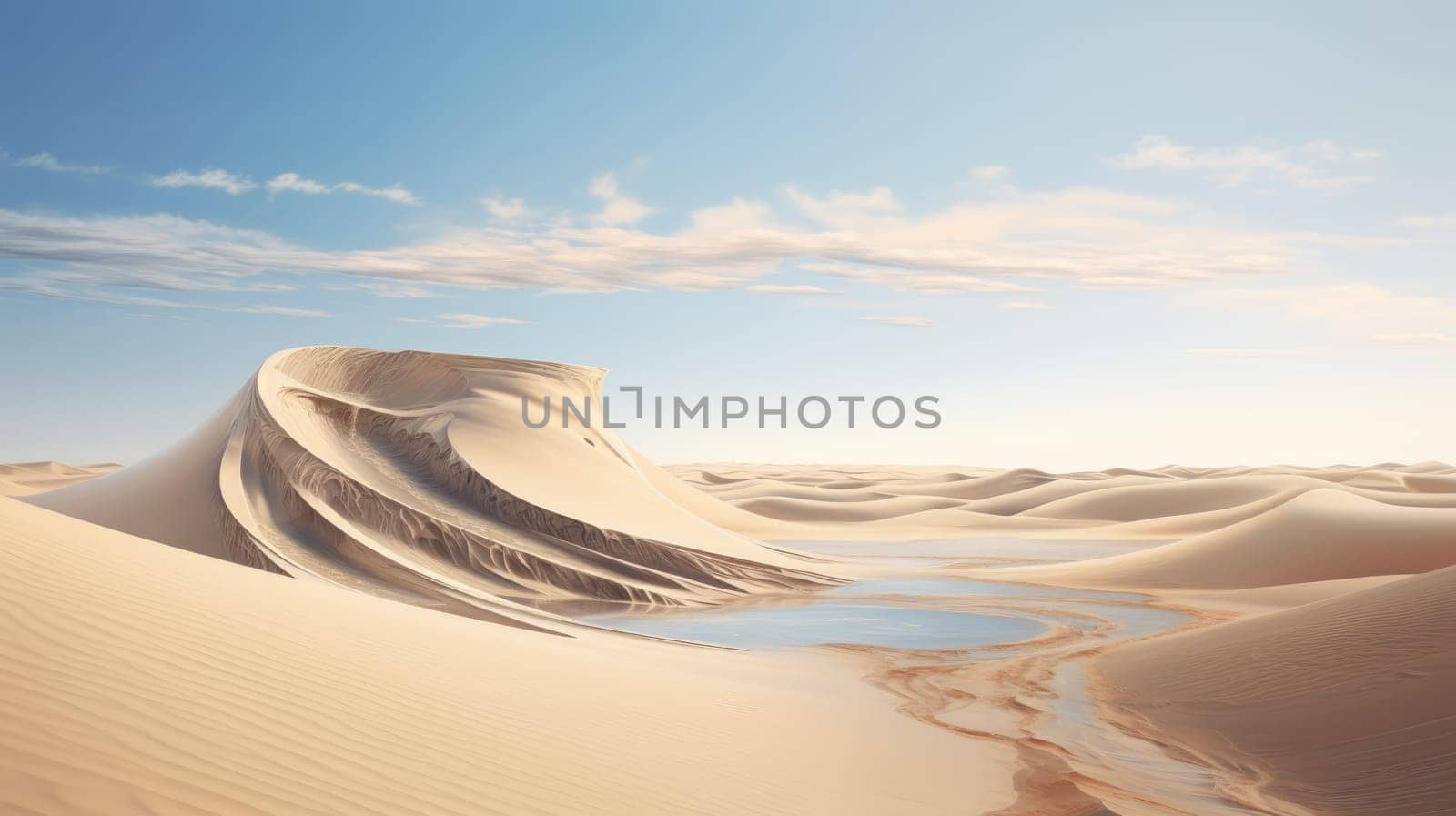 Peaceful desert scene with smooth, flowing dunes and a clear, bright sky. Expansive desert landscape with golden sand dunes and a serene atmosphere.