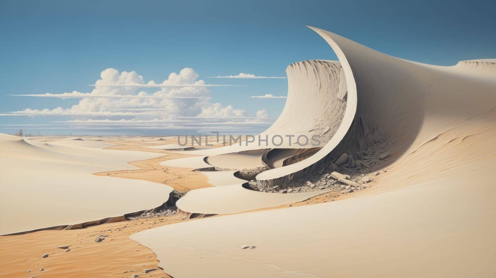 Peaceful desert scene with smooth, flowing dunes and a clear, bright sky. Expansive desert landscape with golden sand dunes and a serene atmosphere.