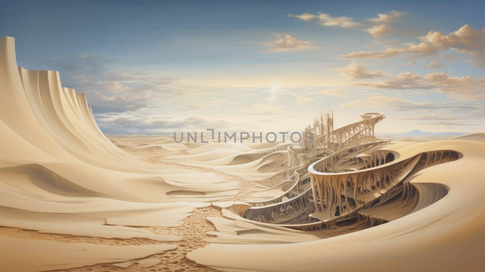 Peaceful desert scene with smooth, flowing dunes and a clear, bright sky. Expansive desert landscape with golden sand dunes and a serene atmosphere.