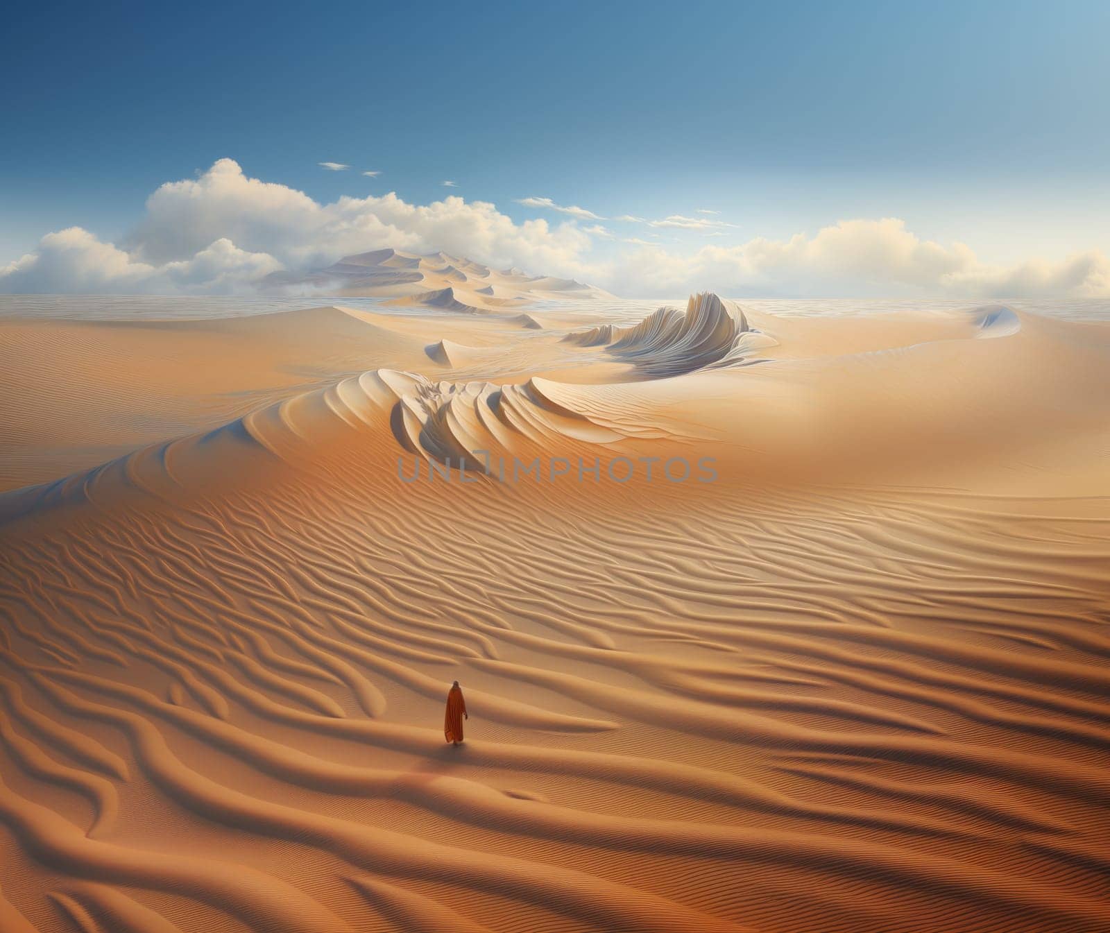 Peaceful desert scene with smooth, flowing dunes and a clear, bright sky. Expansive desert landscape with golden sand dunes and a serene atmosphere.