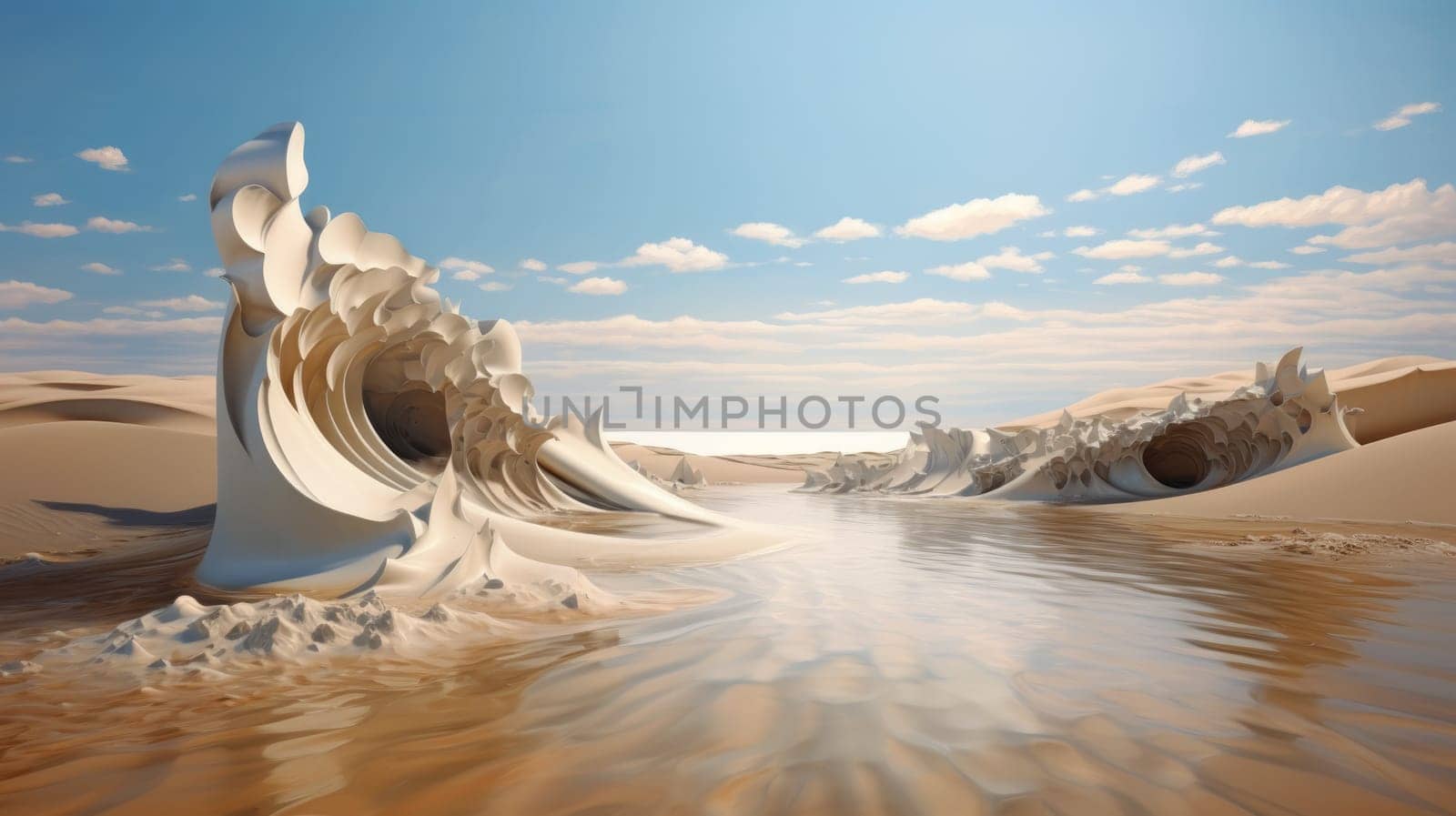 Peaceful desert scene with smooth, flowing dunes and a clear, bright sky. Expansive desert landscape with golden sand dunes and a serene atmosphere.