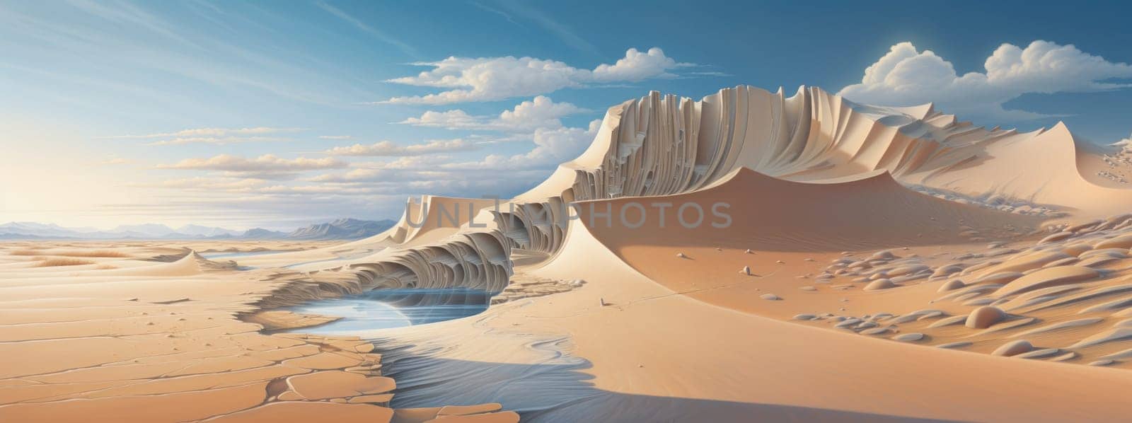 Peaceful desert scene with smooth, flowing dunes and a clear, bright sky. Expansive desert landscape with golden sand dunes and a serene atmosphere.