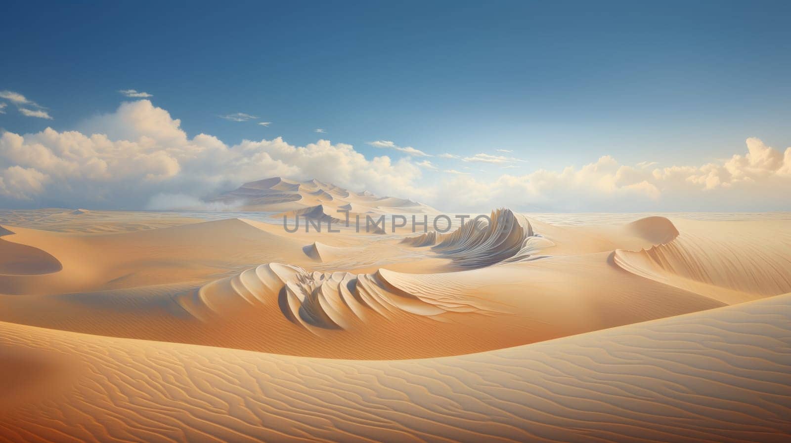 Peaceful desert scene with smooth, flowing dunes and a clear, bright sky. Expansive desert landscape with golden sand dunes and a serene atmosphere.