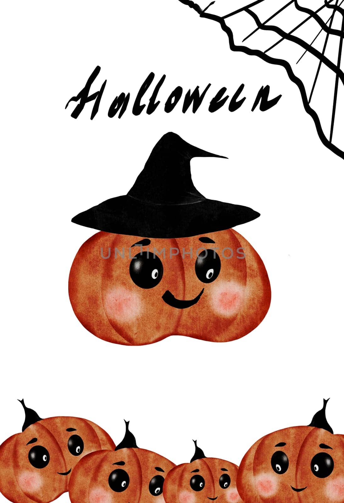 Halloween cute card. Hand drawn kawaii ghost and cartoon pumpkins. Clip art of the face of a typical little monster isolated on a white background. Ideal for decorating invitations and cards for Halloween. High quality illustration