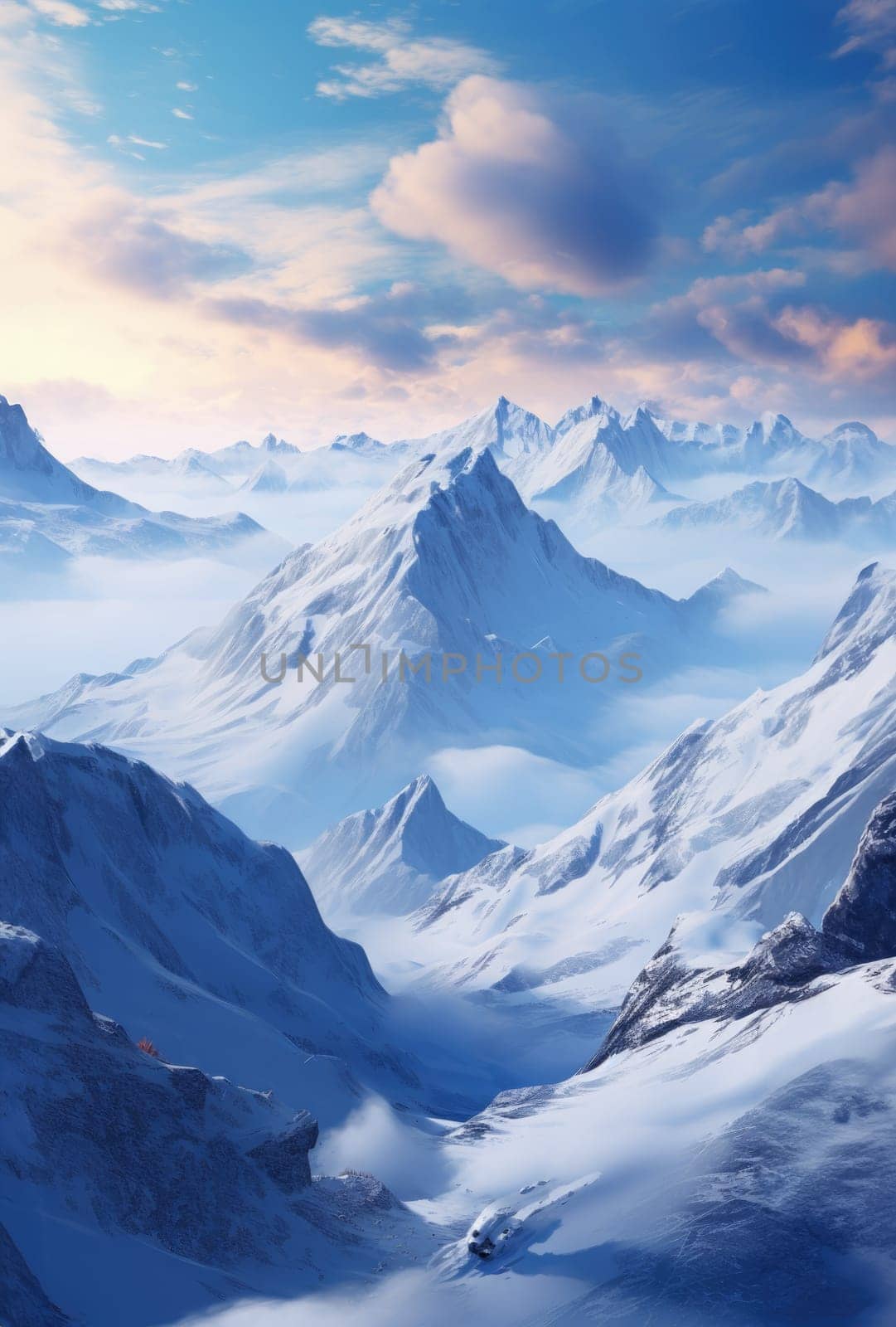Majestic winter landscape featuring towering snow-capped mountains. 