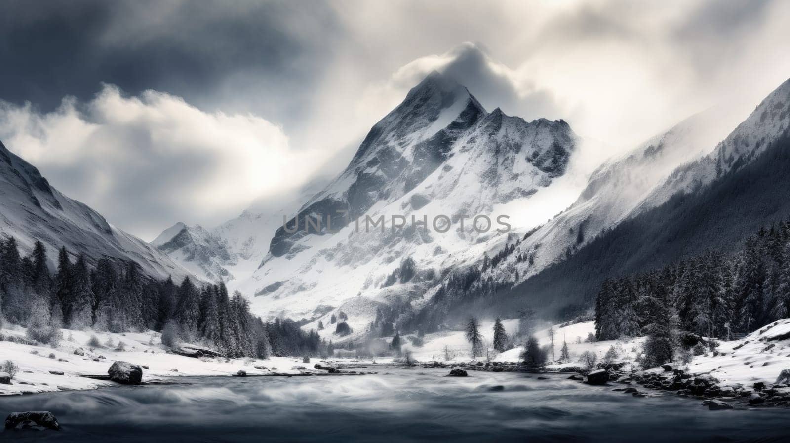 Majestic winter landscape featuring towering snow-capped mountains. 