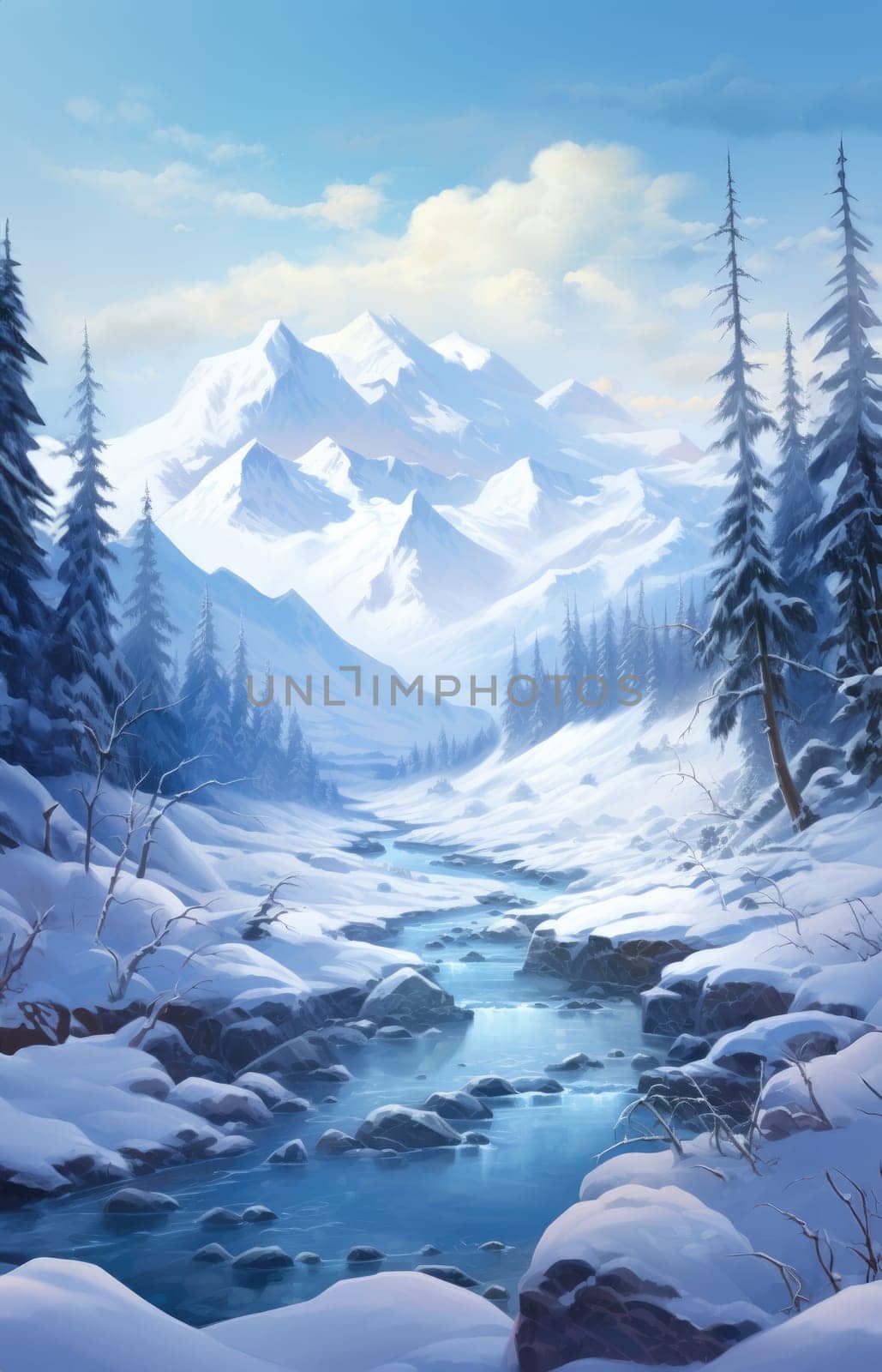 Majestic winter landscape featuring towering snow-capped mountains. 