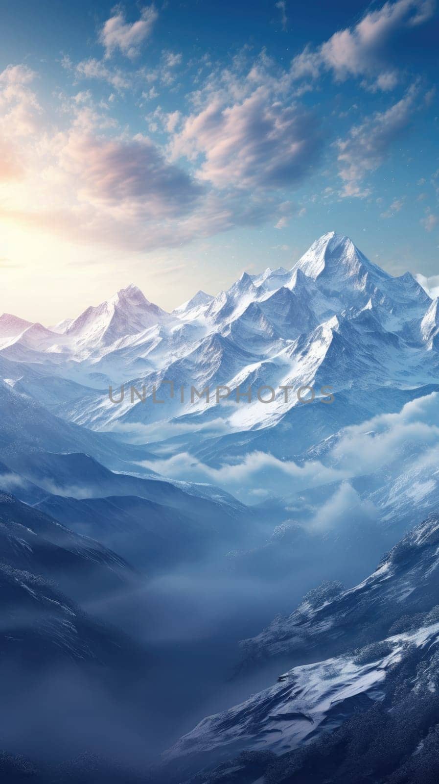 Majestic winter landscape featuring towering snow-capped mountains. 