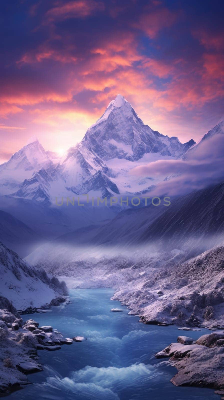 Majestic winter landscape featuring towering snow-capped mountains. 