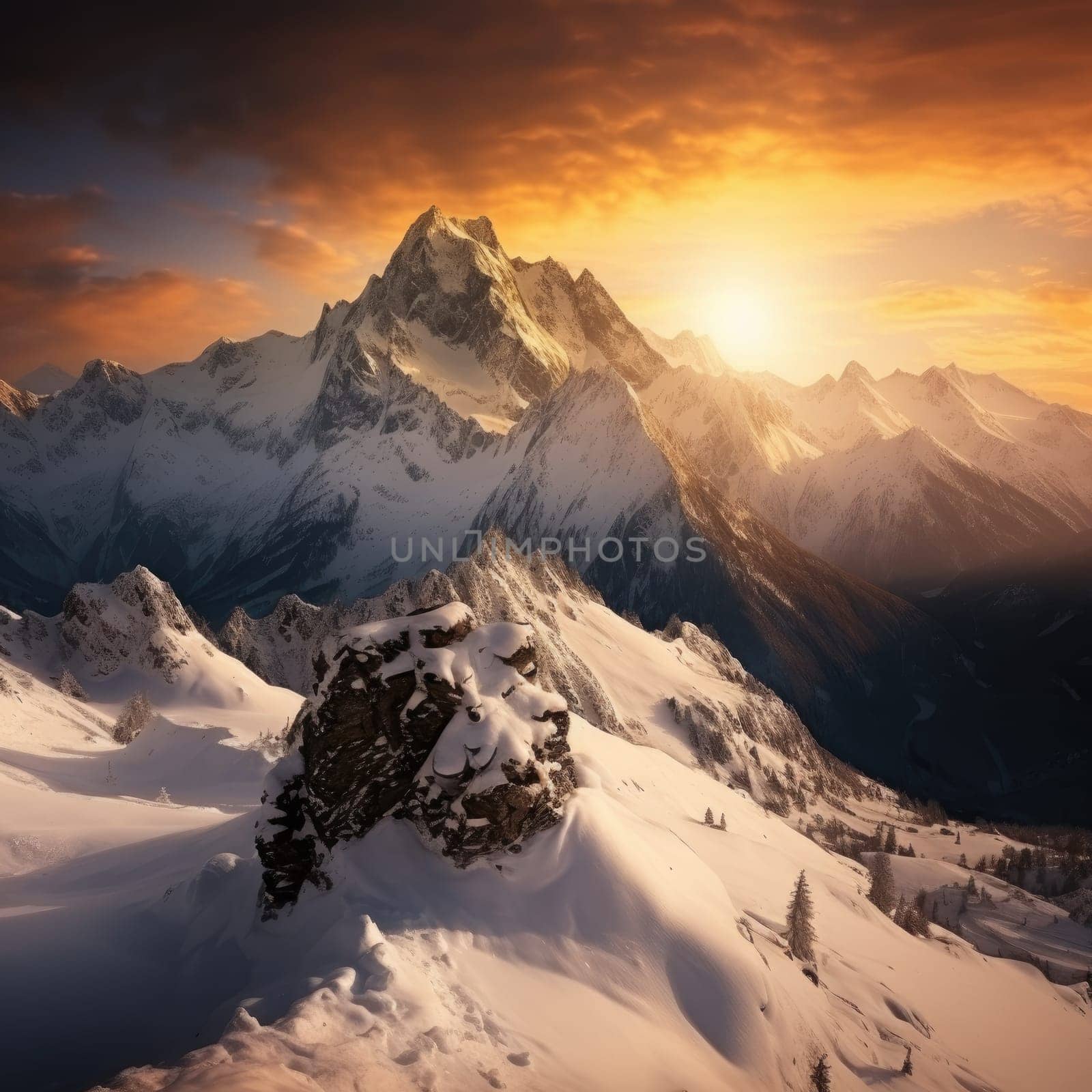 Majestic winter landscape featuring towering snow-capped mountains. 