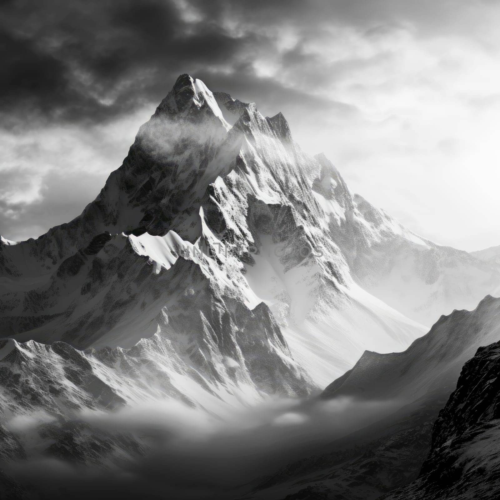 Majestic winter landscape featuring towering snow-capped mountains. 