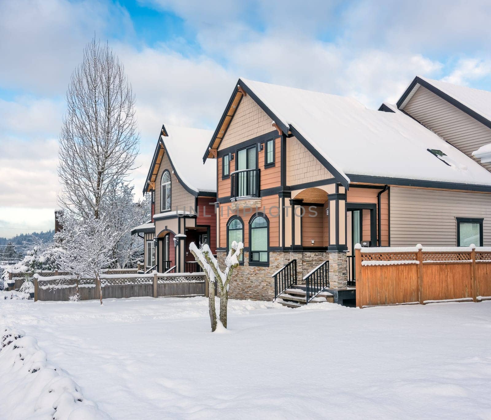 Street of brand new residential houses on winter season in Vancouver, Canada