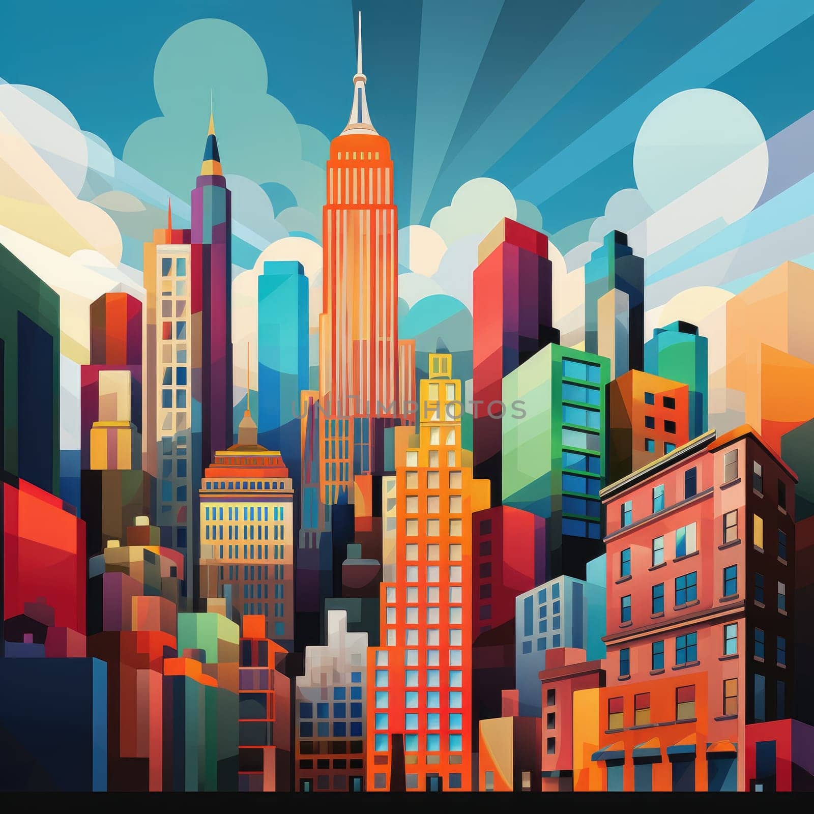 Abstract New York. Image of a metropolis with skyscrapers in vector pop art style. Template for sticker, poster, t-shirt print, etc.