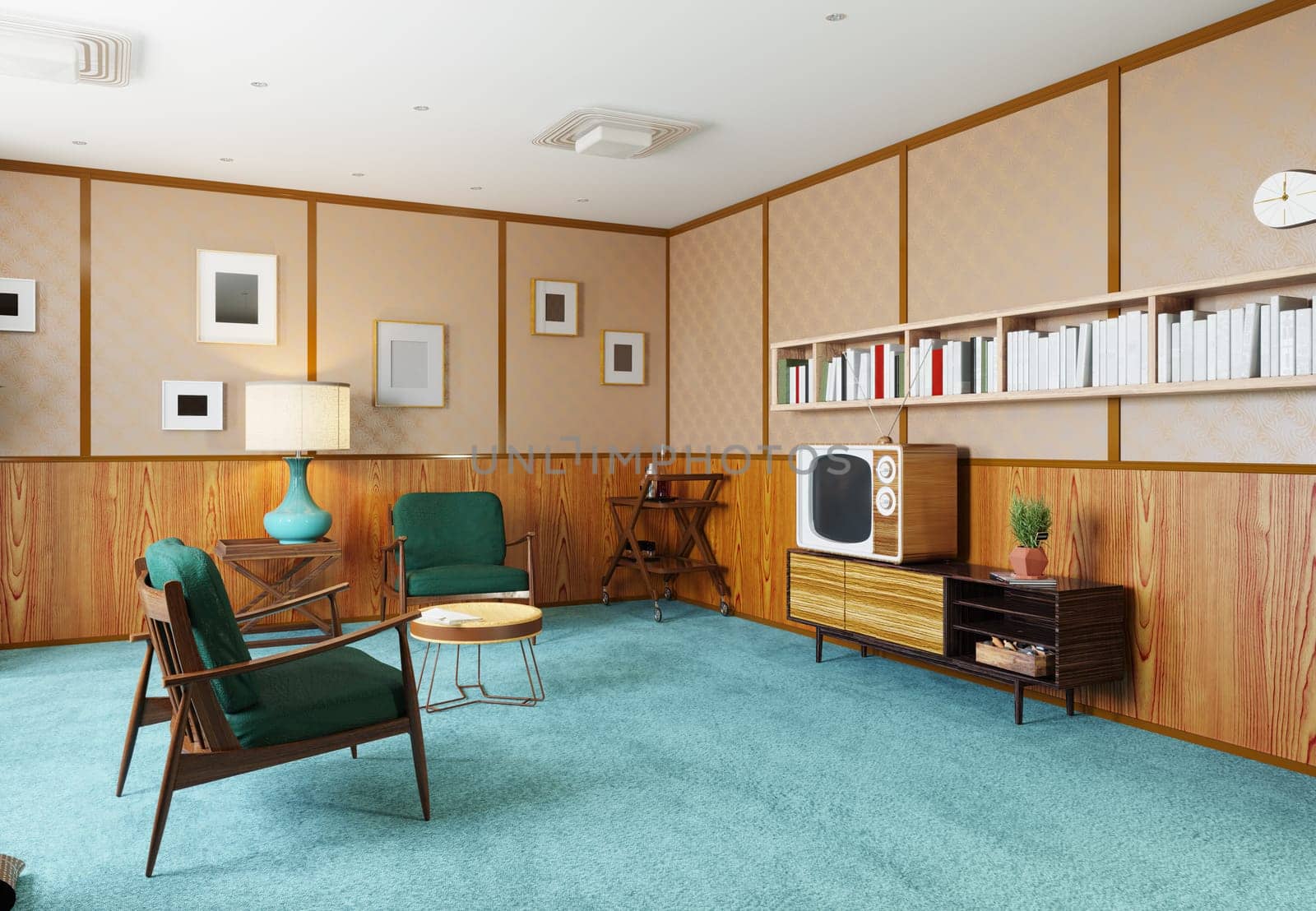 Retro living room with vintage furniture and decor. 3D rendering