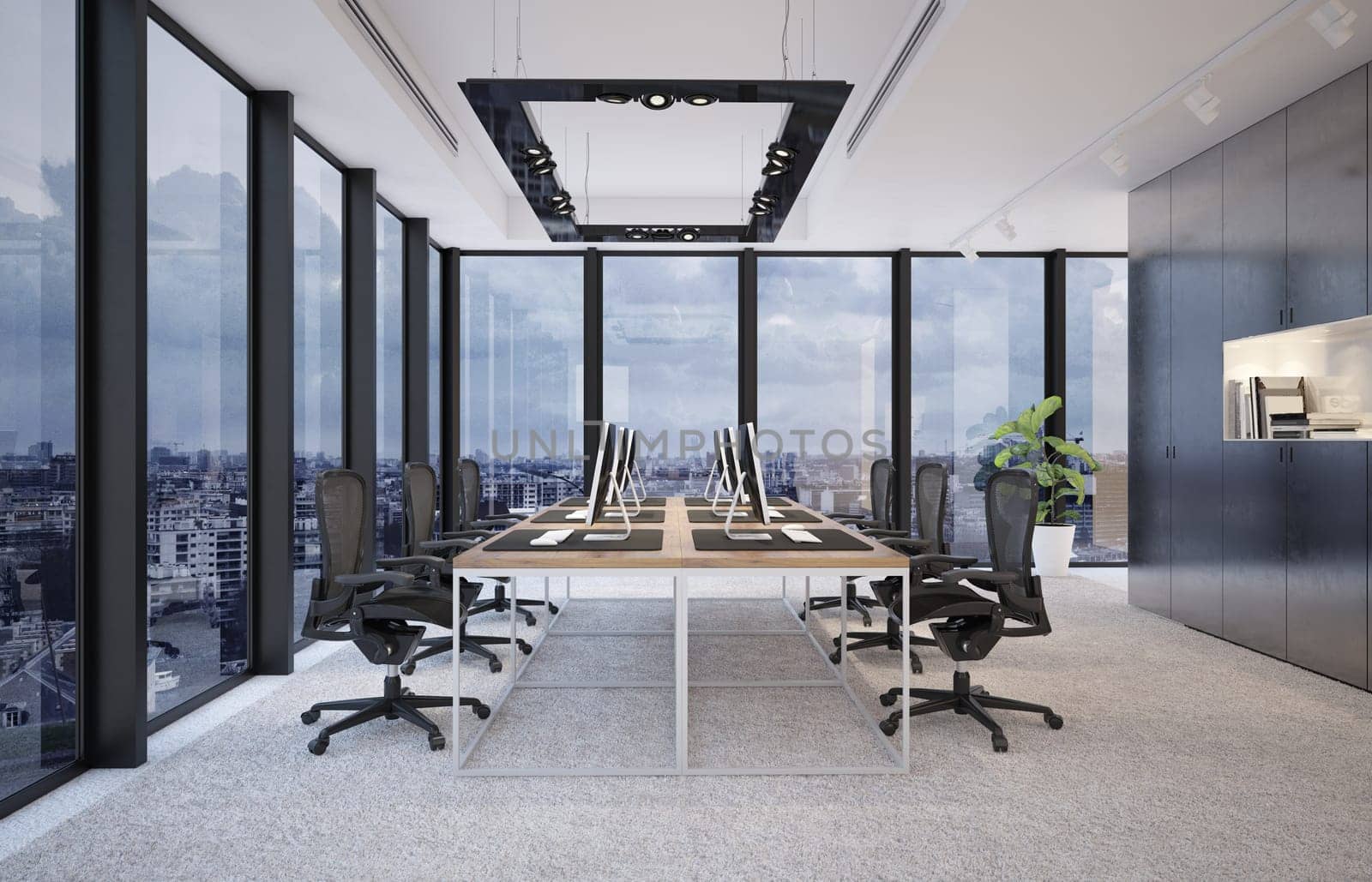 Modern office with panoramic city views and workstations. 3D render
