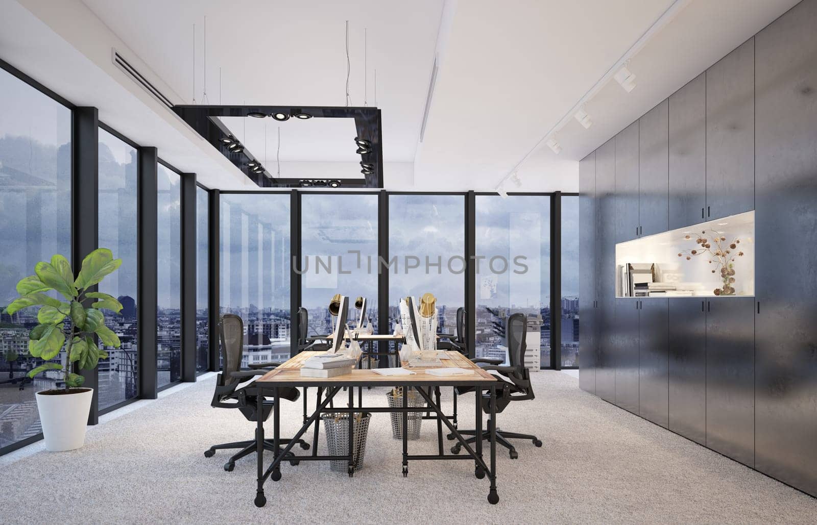 Modern office with panoramic city views and workstations. 3D render