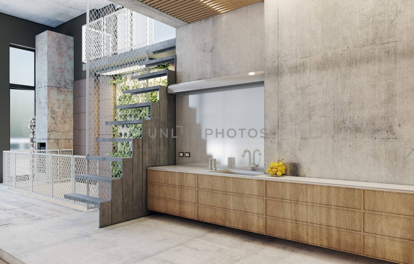 Minimalist kitchen with industrial design and open space. 3d render