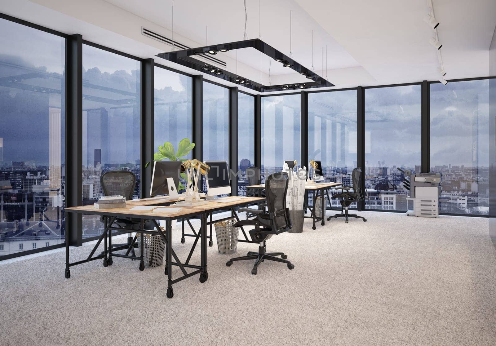 Modern office with panoramic city views and workstations. 3D render